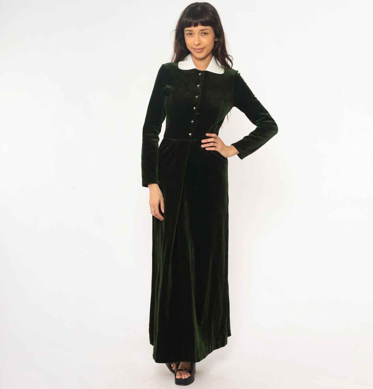 70s Dark Emerald Velvet Maxi Dress White Collar Long Sleeve Extra Small
