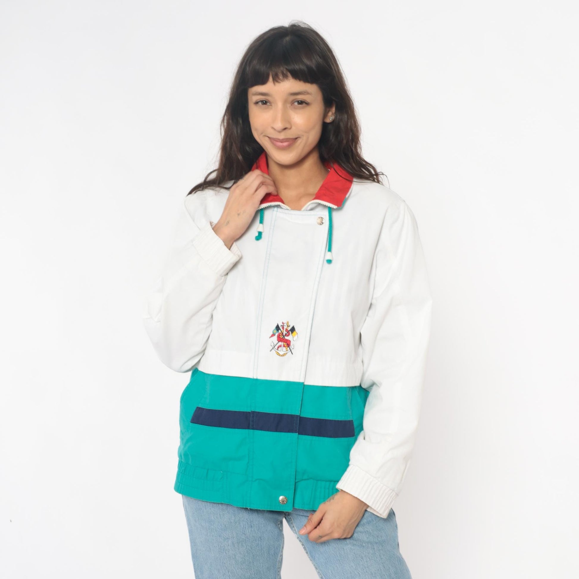 90s Izzi Spirit Colorblock Windbreaker White Teal Navy Small