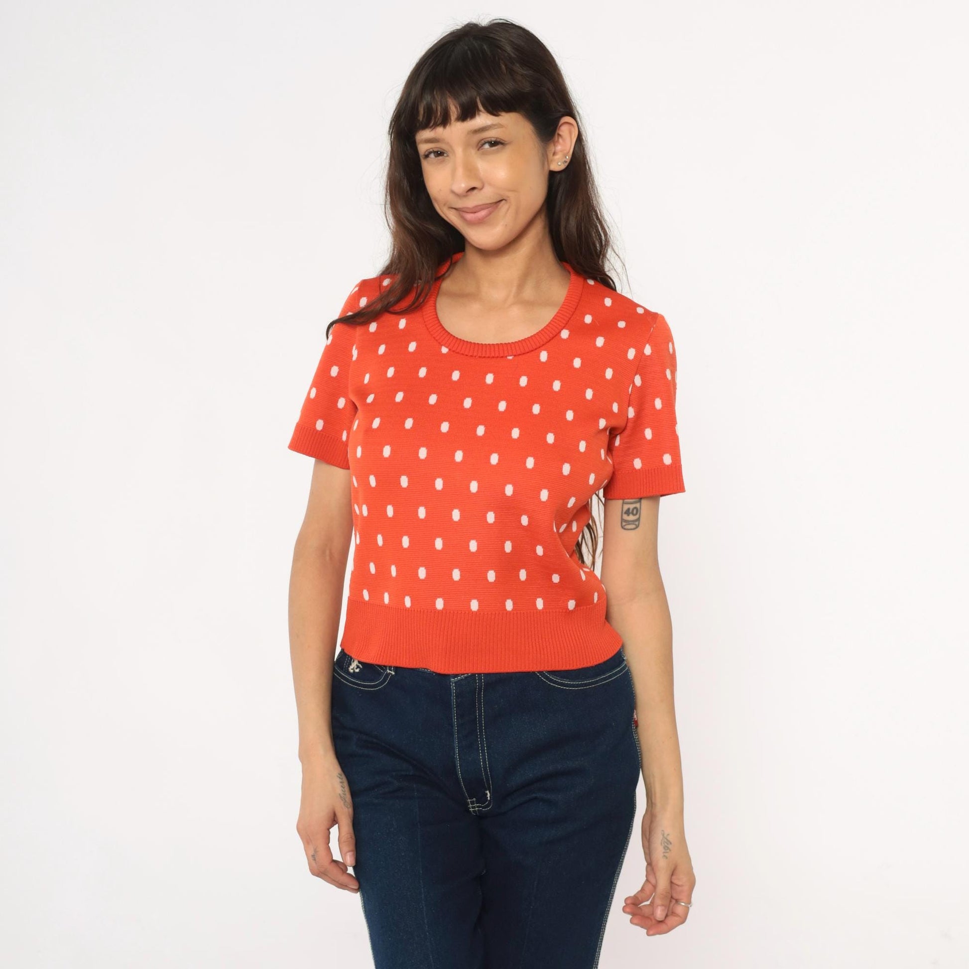 70s Coral Polka Dot Sweater Top Short Sleeve Cropped Knit Zip Back Medium
