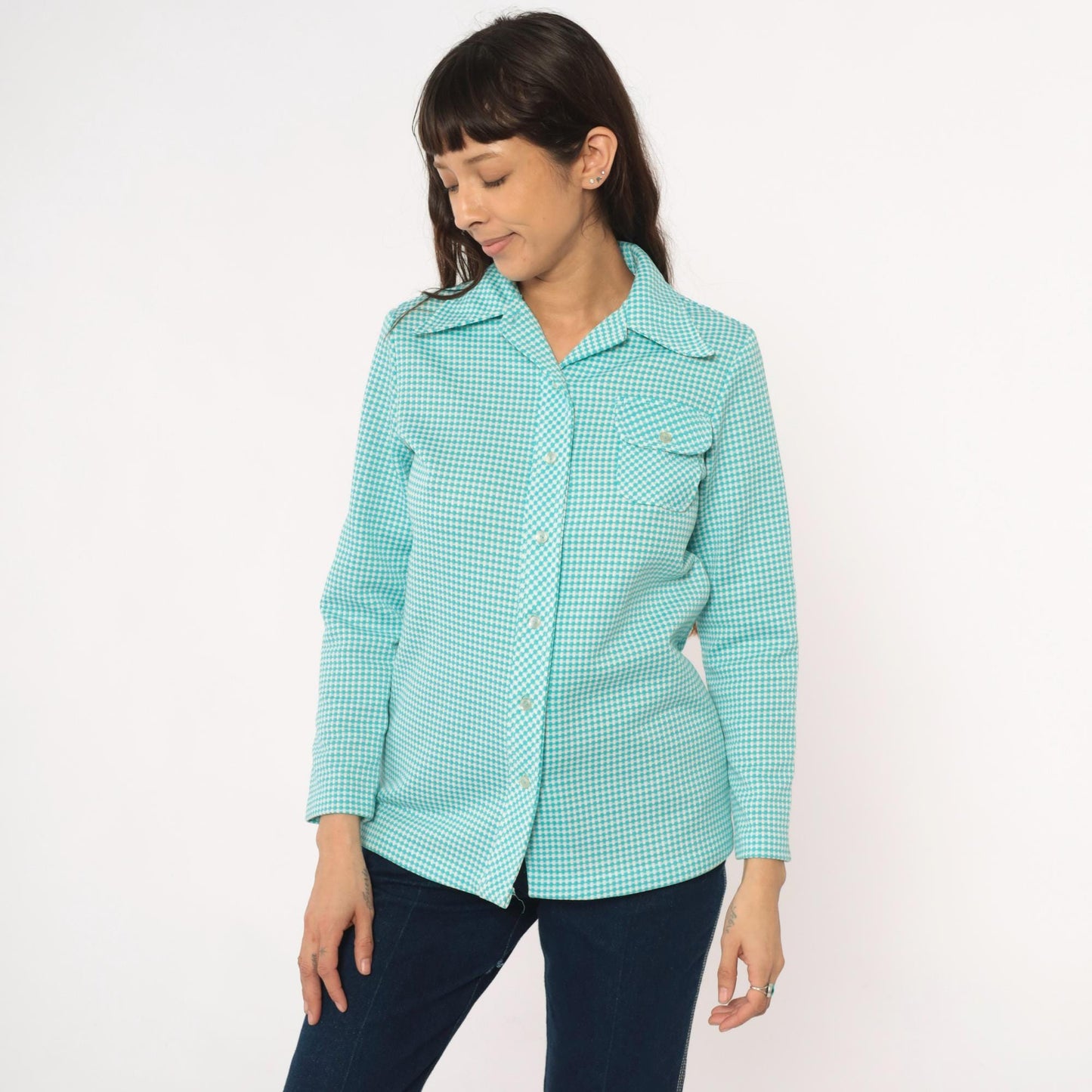 70s Turquoise Gingham Button-Front Shirt Chest Pocket Long Sleeve Small