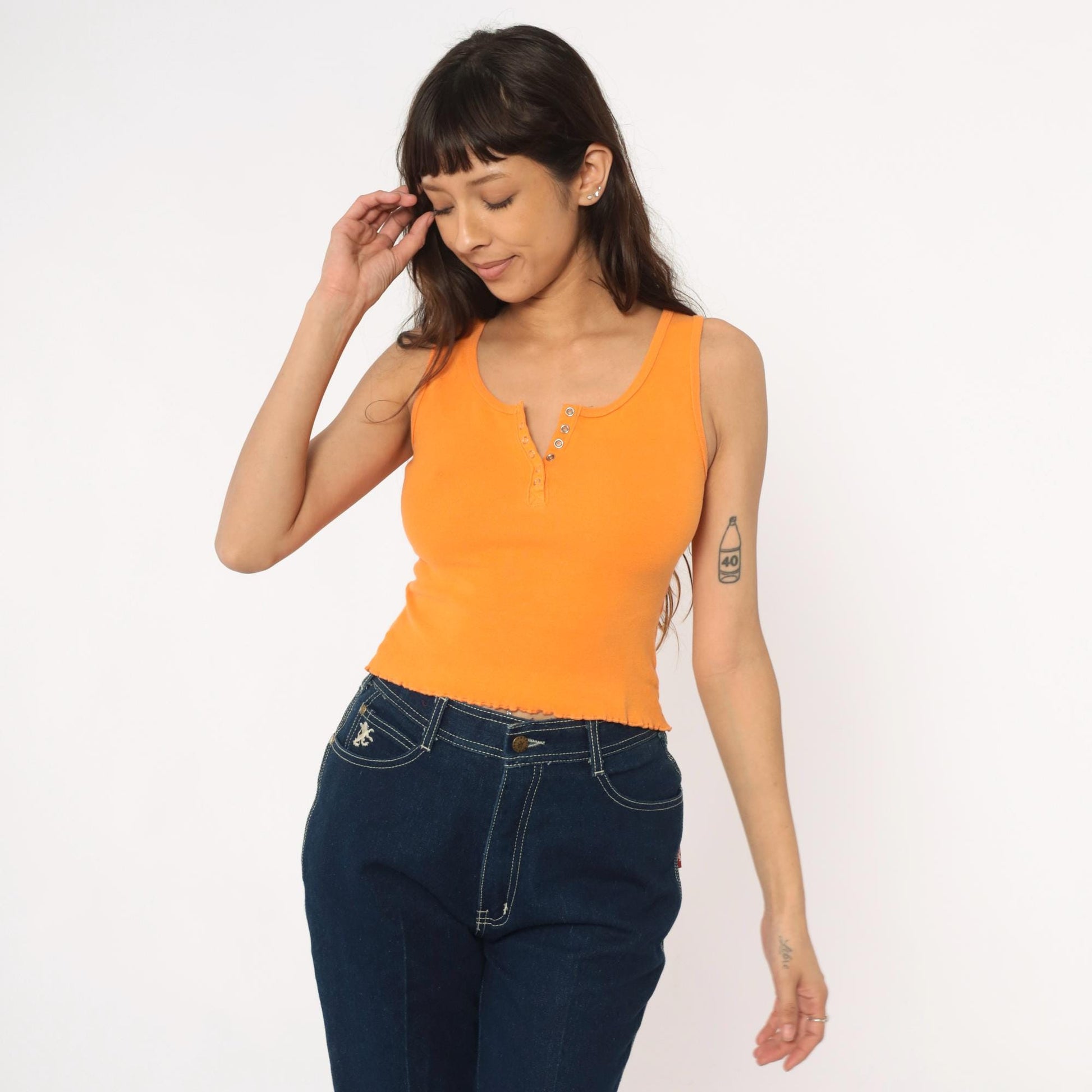 Y2K Orange Ribbed Crop Tank Top Button Front Lettuce Edge Medium M