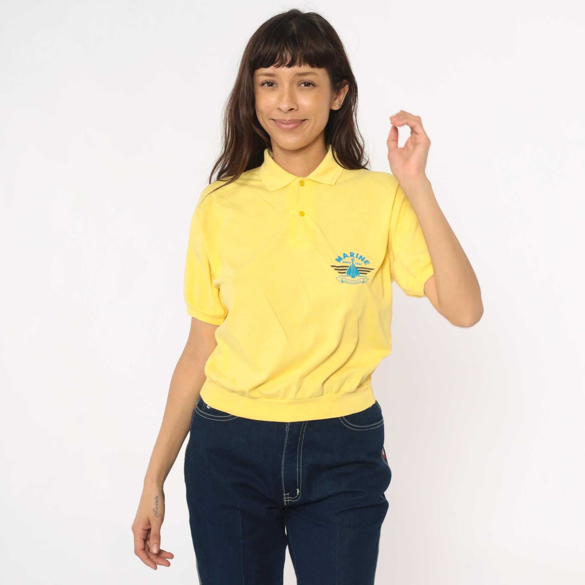 80s Yellow Polo Shirt Marine Seafarer Sailboat Graphic Collared Medium
