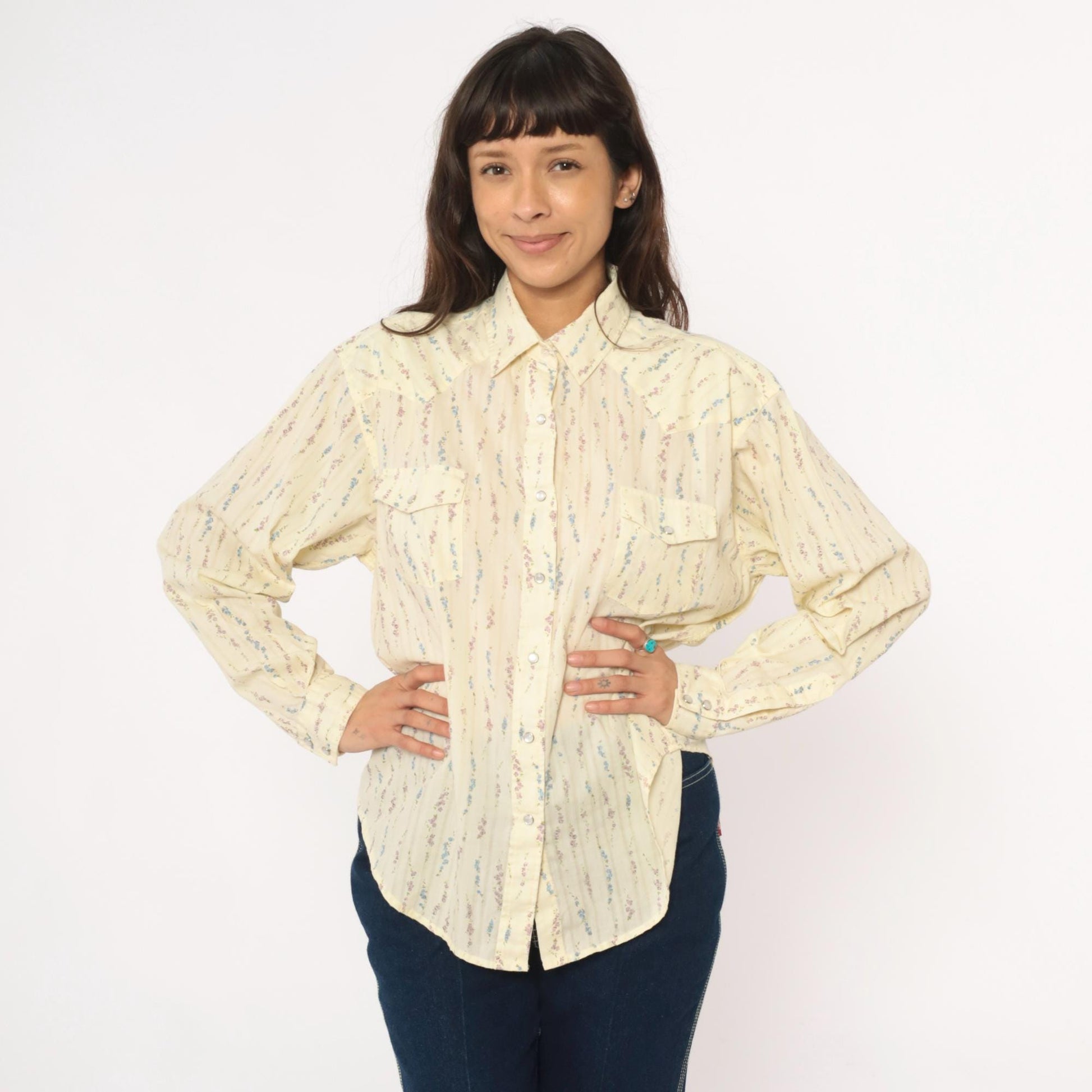 Y2K White Horse Western Shirt Pearl Snap Floral Stripe Cream Large L