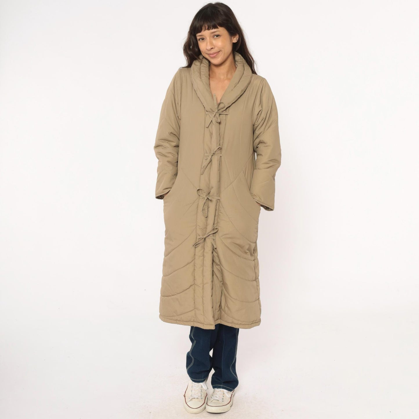 80s Tan Quilted Parka Jacket Chevron Shawl Collar Tie Front Duster Extra Small XS