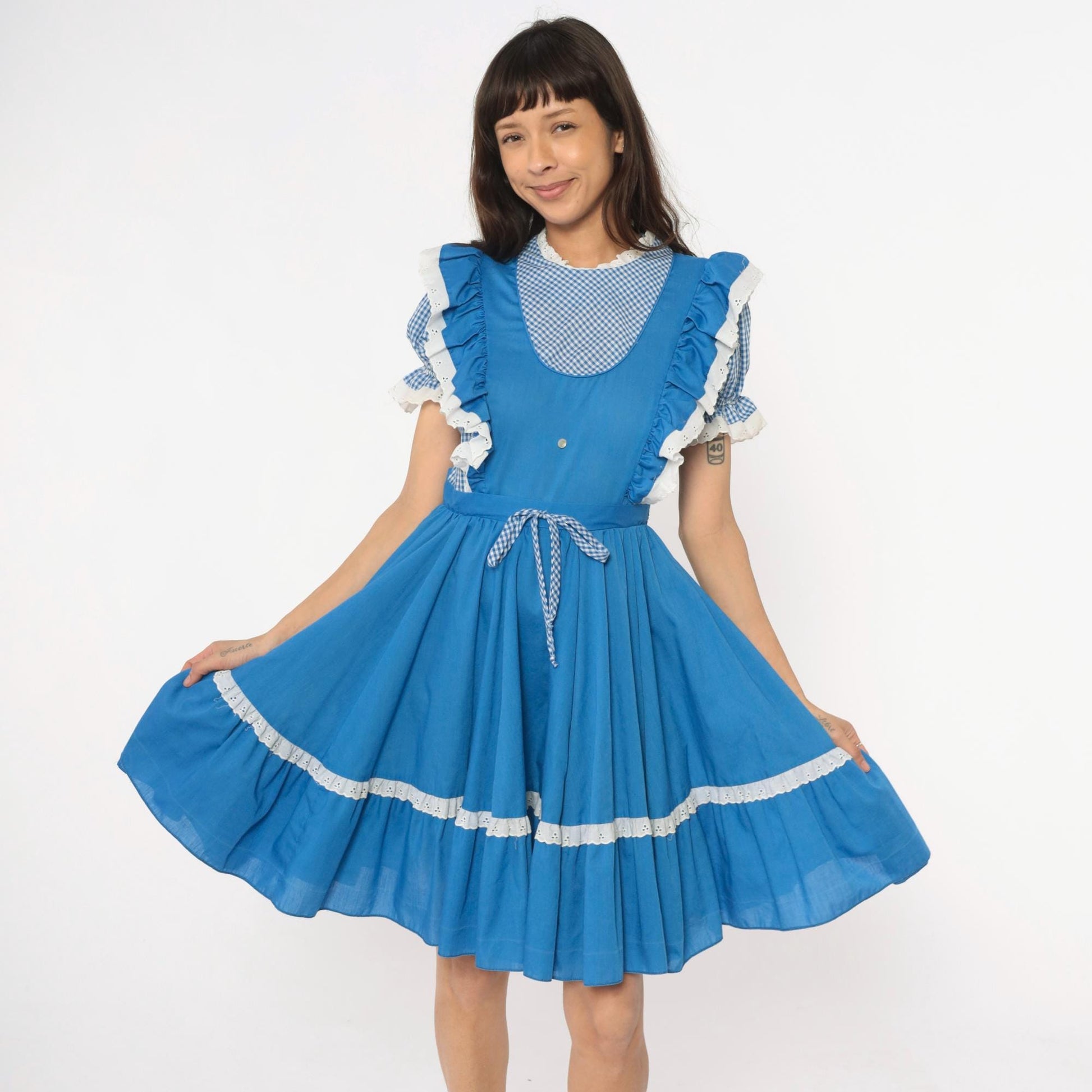 80s Jeri Bee Blue Gingham Pinafore Dress Eyelet Lace Puff Sleeve Small Medium