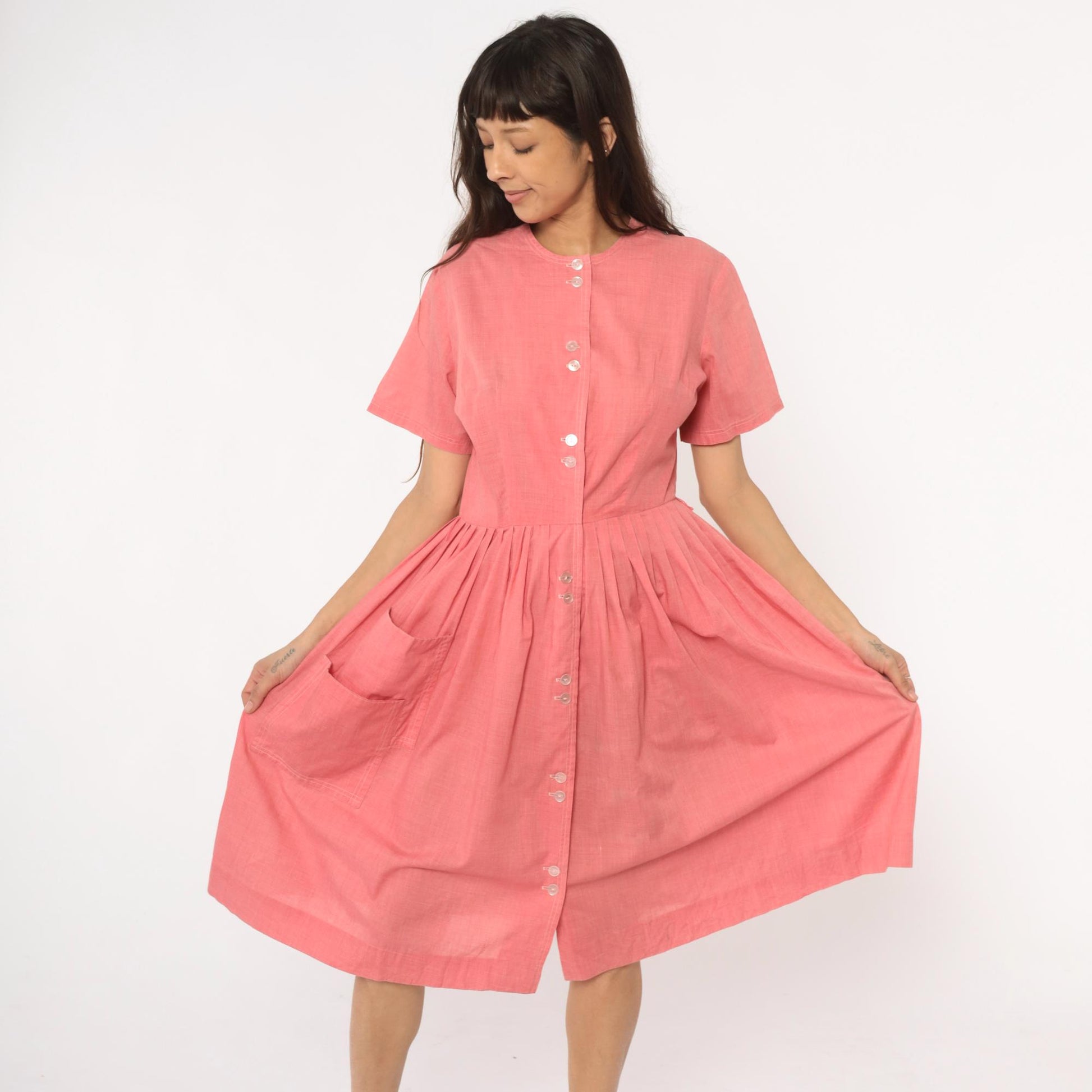 70s Coral Pink Cotton Day Dress Button Front Gathered Skirt Pockets Medium Large