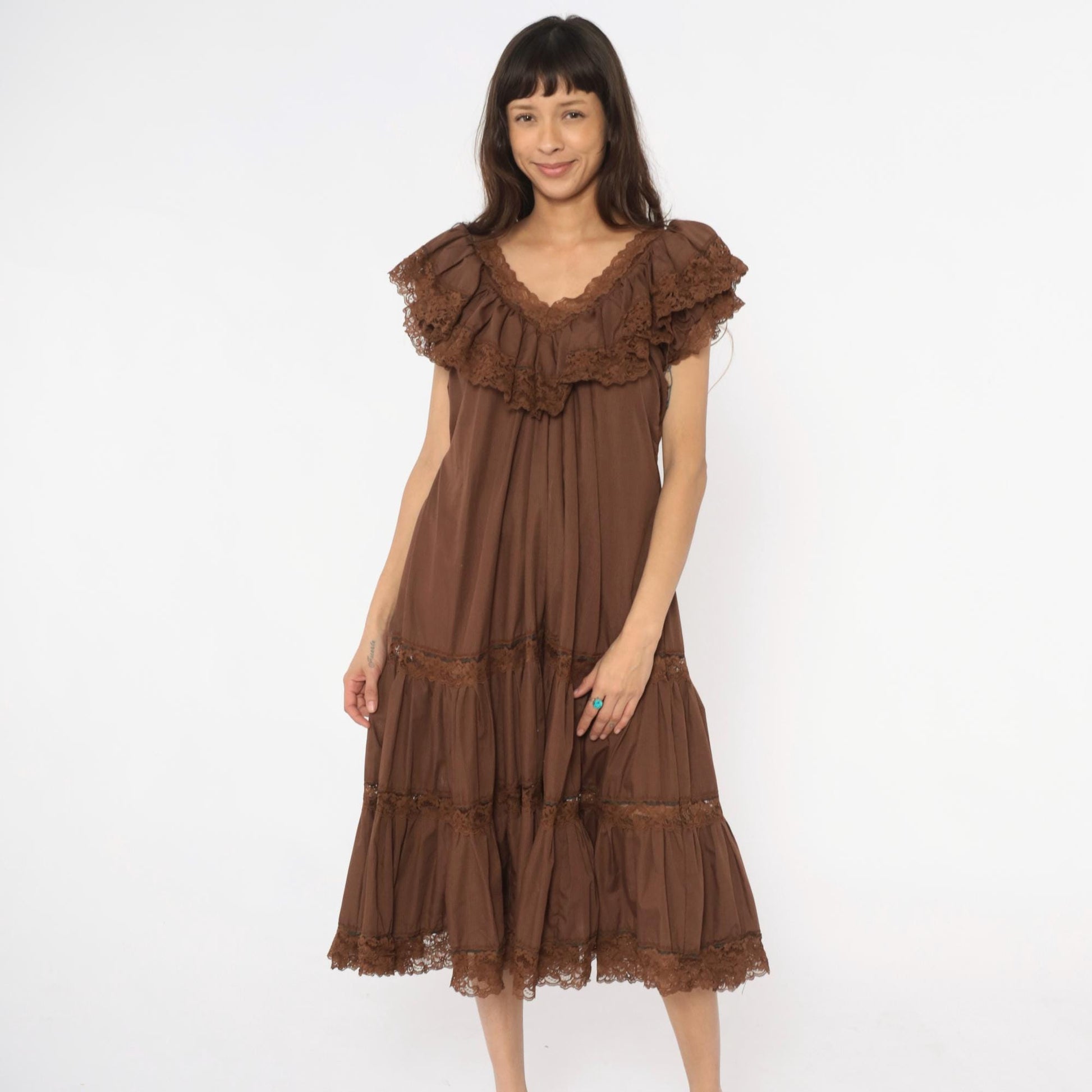 80s Brown Tiered Prairie Dress Lace Trim Cap Sleeve Midi Medium Large