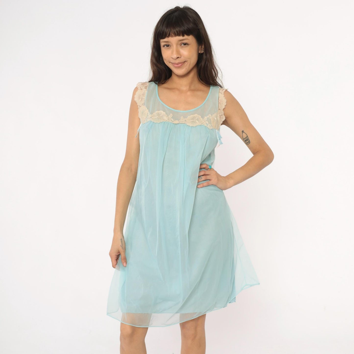 70s Aqua Babydoll Nightgown Sheer Lace Empire Waist Negligee Medium
