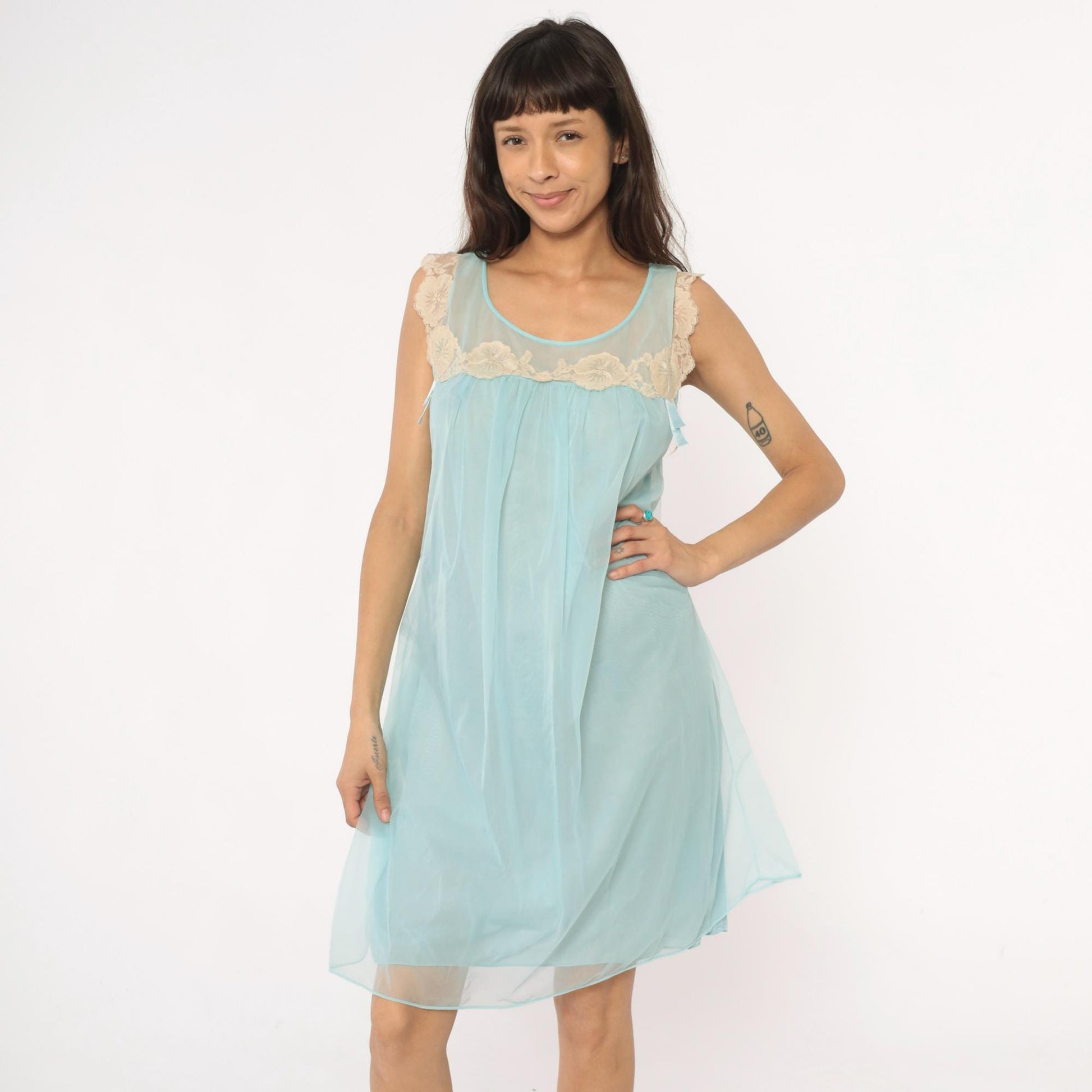 70s Aqua Babydoll Nightgown Sheer Lace Empire Waist Negligee Medium