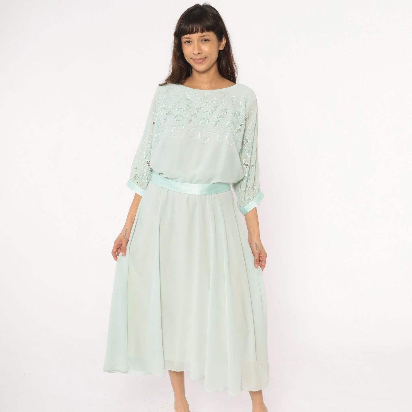 80s Ursula Mint Green Midi Dress Embroidered Floral Cutwork Sheer Large