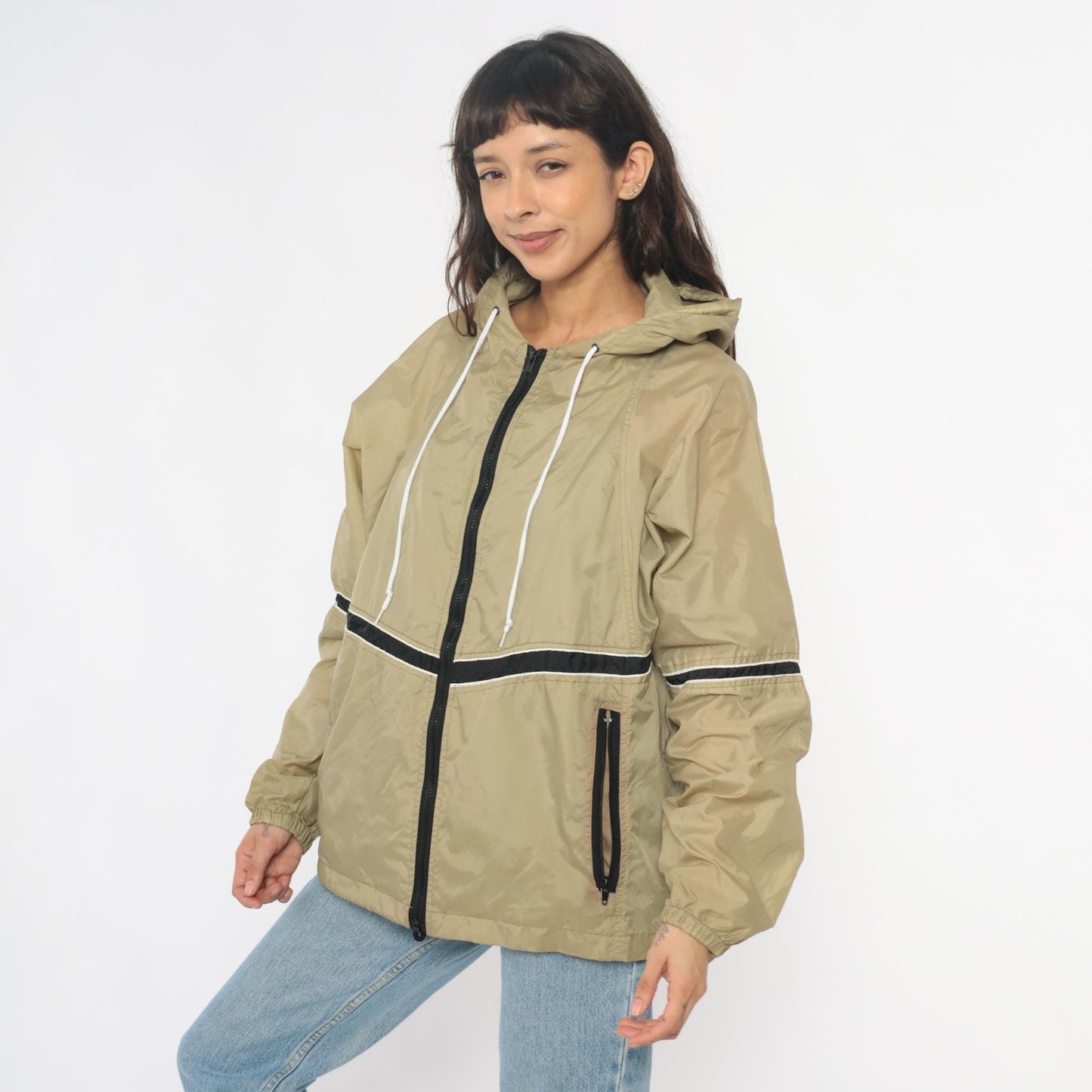 90s Tan Windbreaker Jacket Hooded Striped Black White Nylon Small