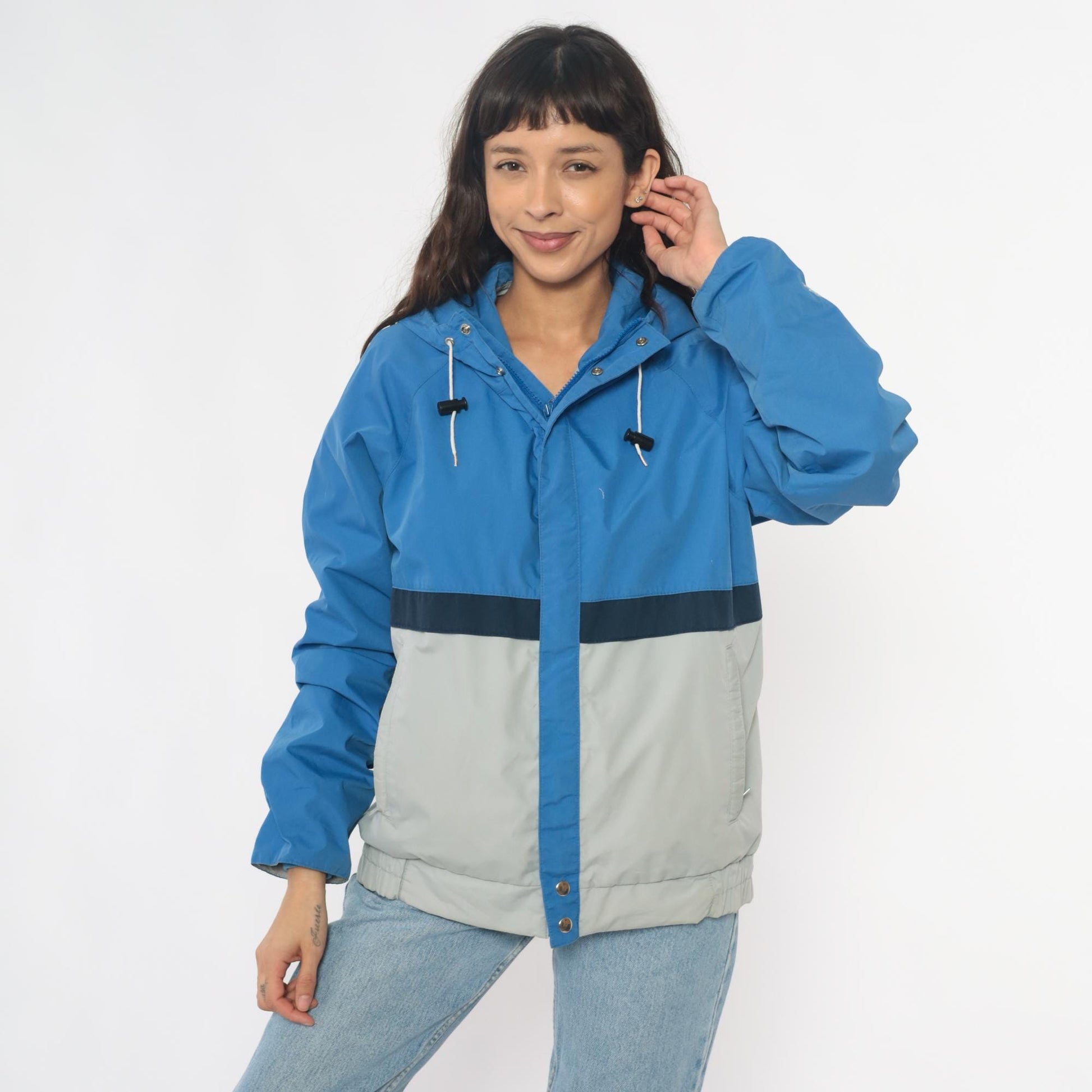 90s Nils Colorblock Hooded Windbreaker Jacket Blue Navy Cream Medium