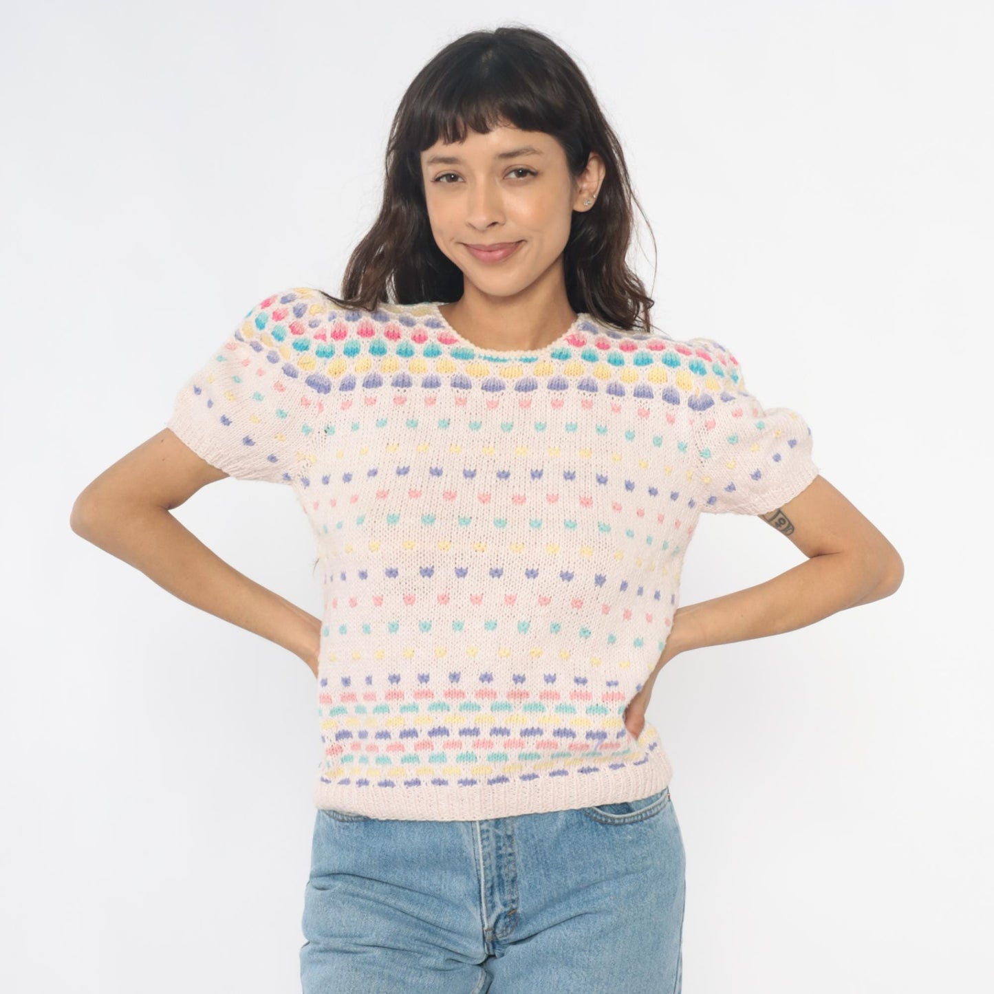 80s Deans of Scotland Puff Sleeve Knit Top Cream Polka Dot Small