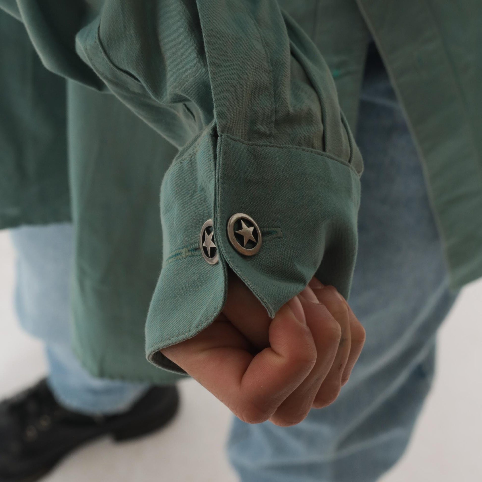 90s Stubbs Sage Green Western Shirt Mandarin Collar Button Front Extra Large XL