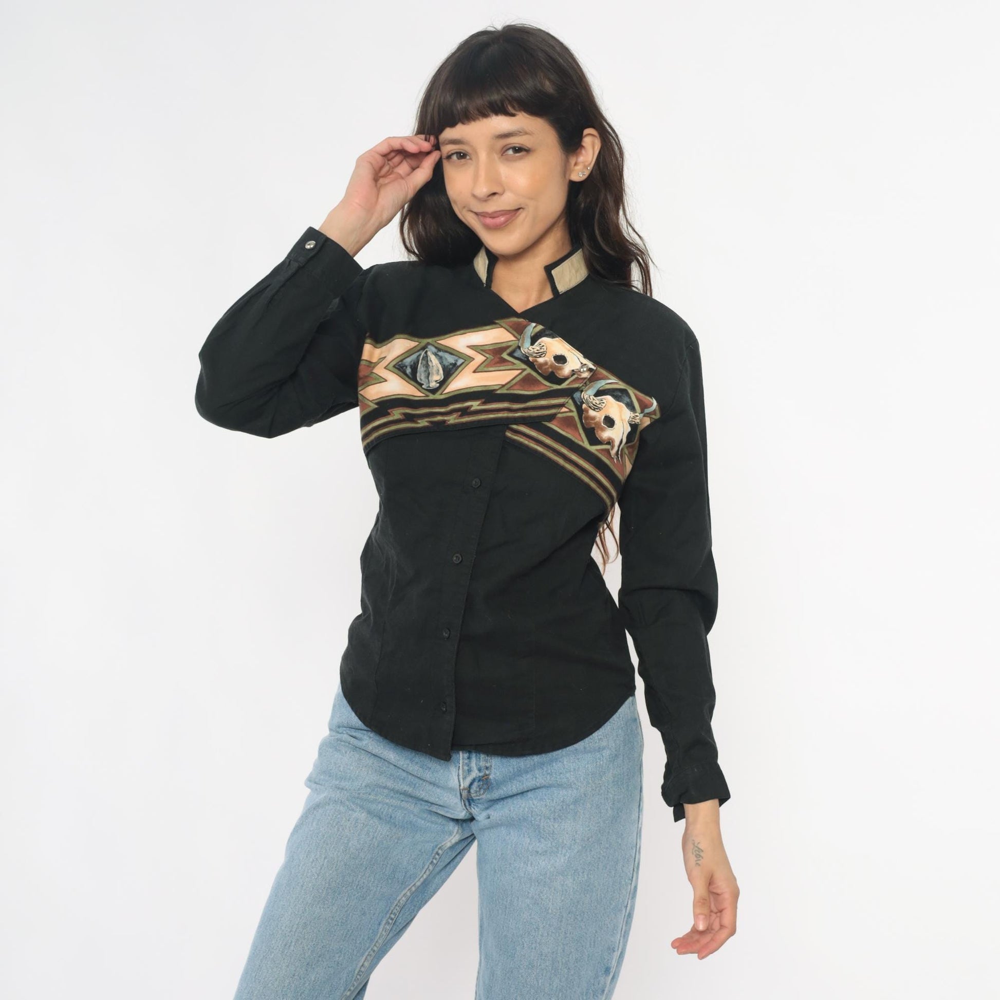 90s Roper Black Western Shirt Buffalo Skull Southwestern Appliqué Small