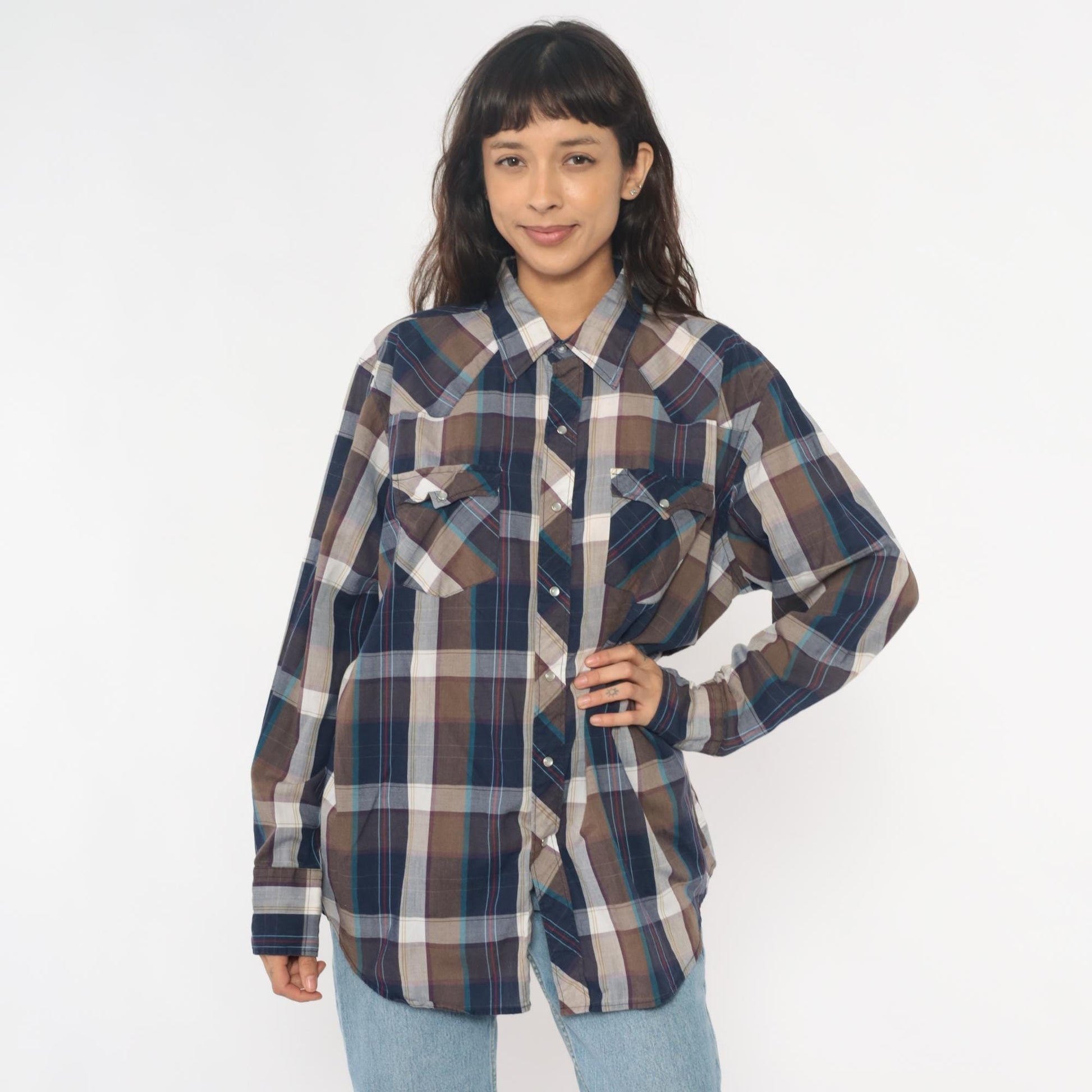 90s Youngbloods Western Shirt Pearl Snap Plaid Navy Brown Extra Large XL