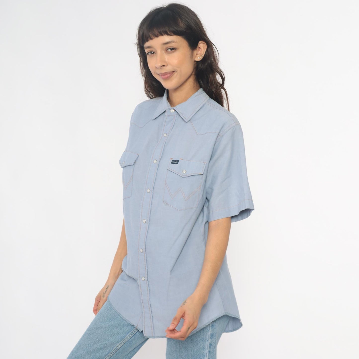 80s Wrangler Western Shirt Pearl Snap Light Blue Chambray Large