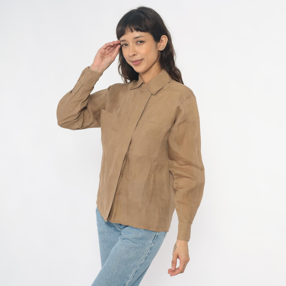 Calvin Klein 80s Tan Button-Up Shirt Pointed Collar Chest Pockets Small