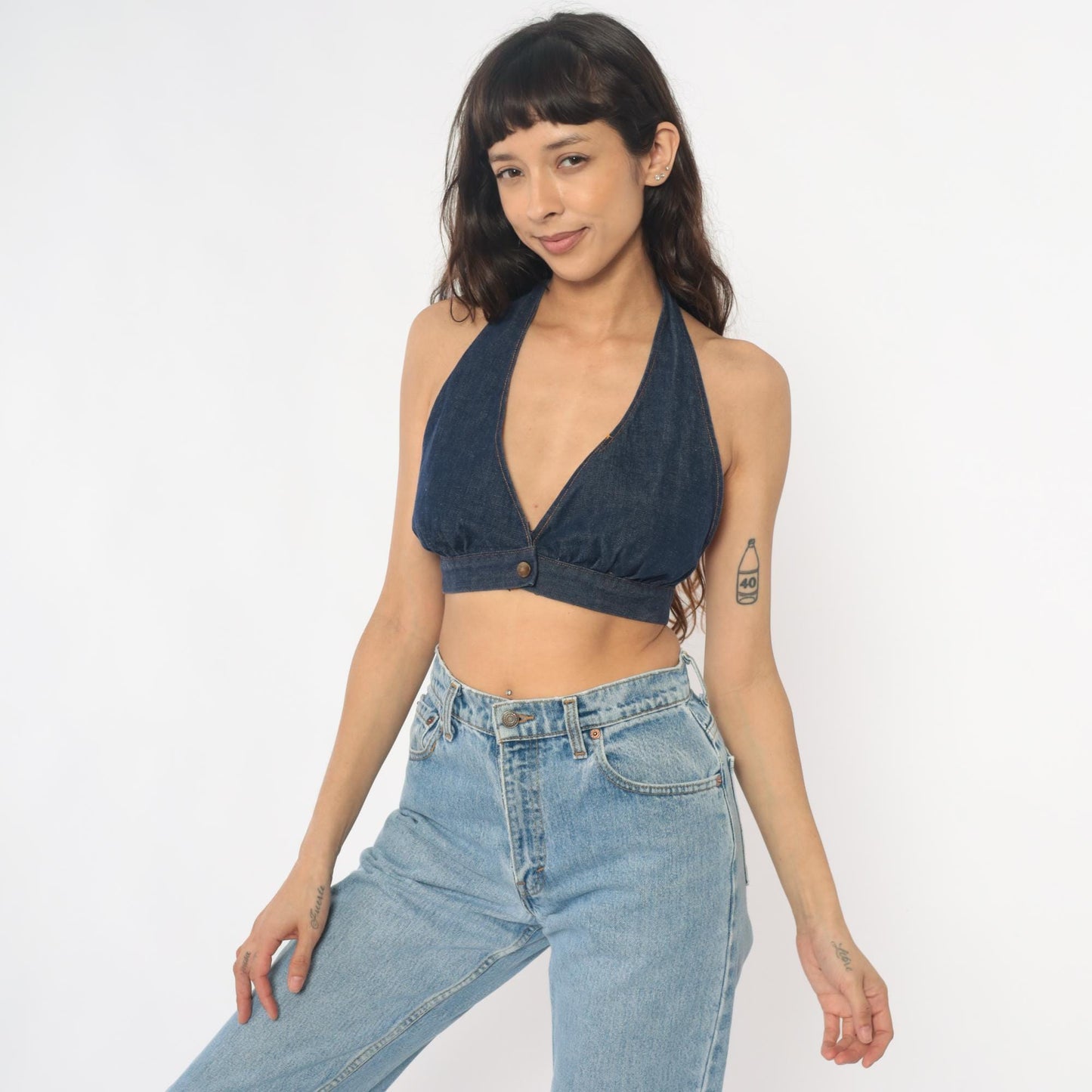 90s Dark Denim Halter Crop Top Tie Neck Open Back Small Medium