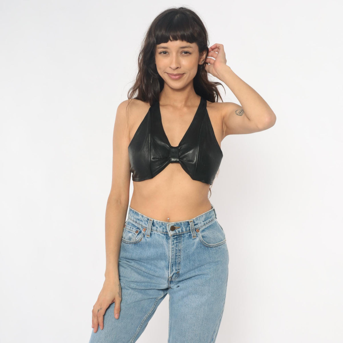 80s Black Leather Halter Crop Top Tie Back V-Neck Small Medium