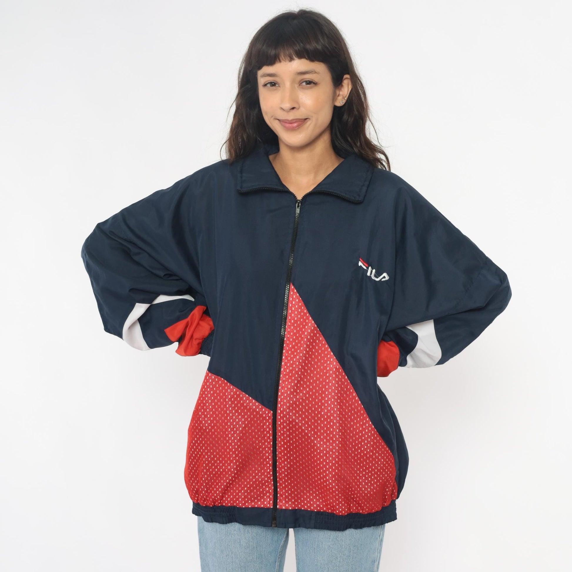 90s Fila Windbreaker Colorblock Navy Red White Full Zip Track Jacket Extra Large