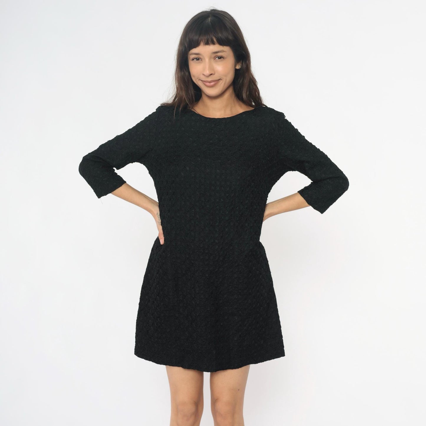 60s Black Shift Dress Boucle Boat Neckline Three-Quarter Sleeve Medium M