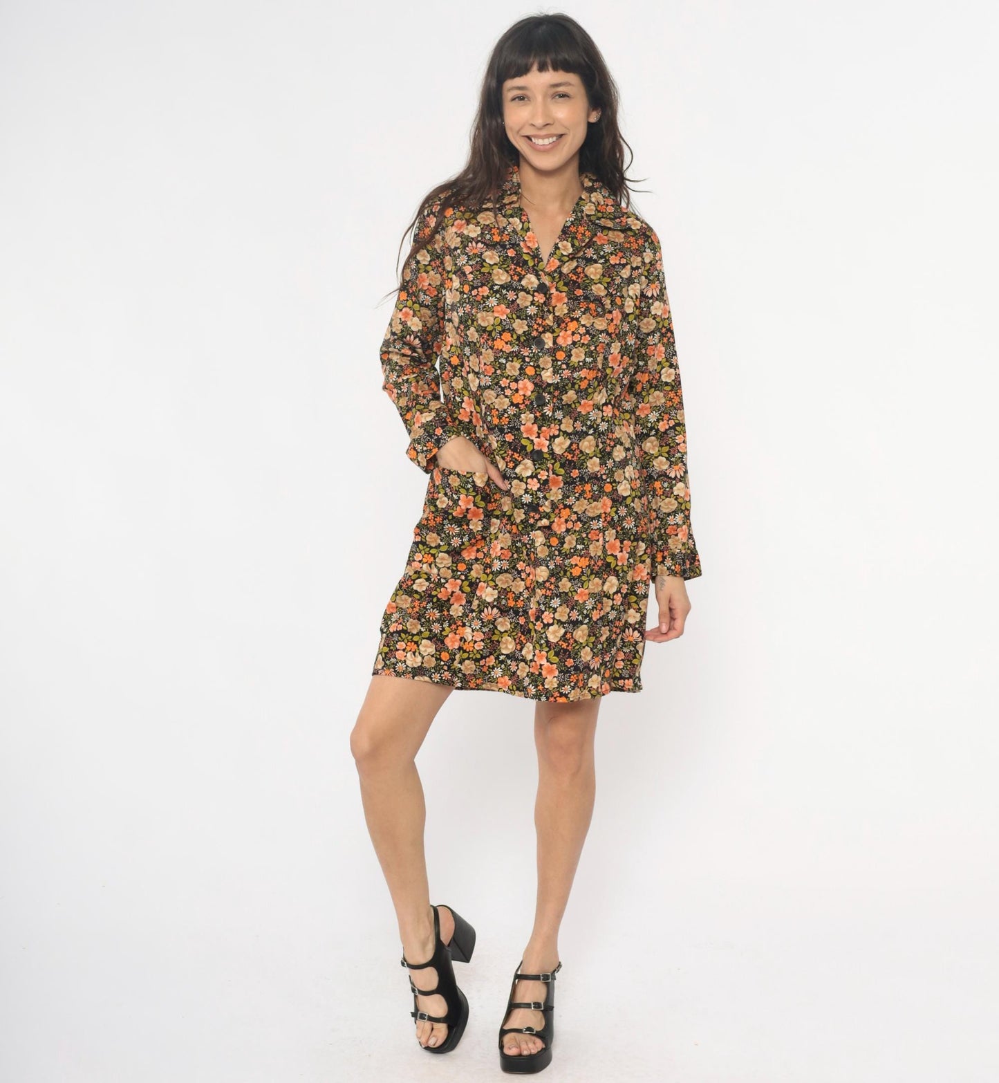 80s Laurel C Floral Shirt Dress Cotton Collared Mini Dark Botanical Large L