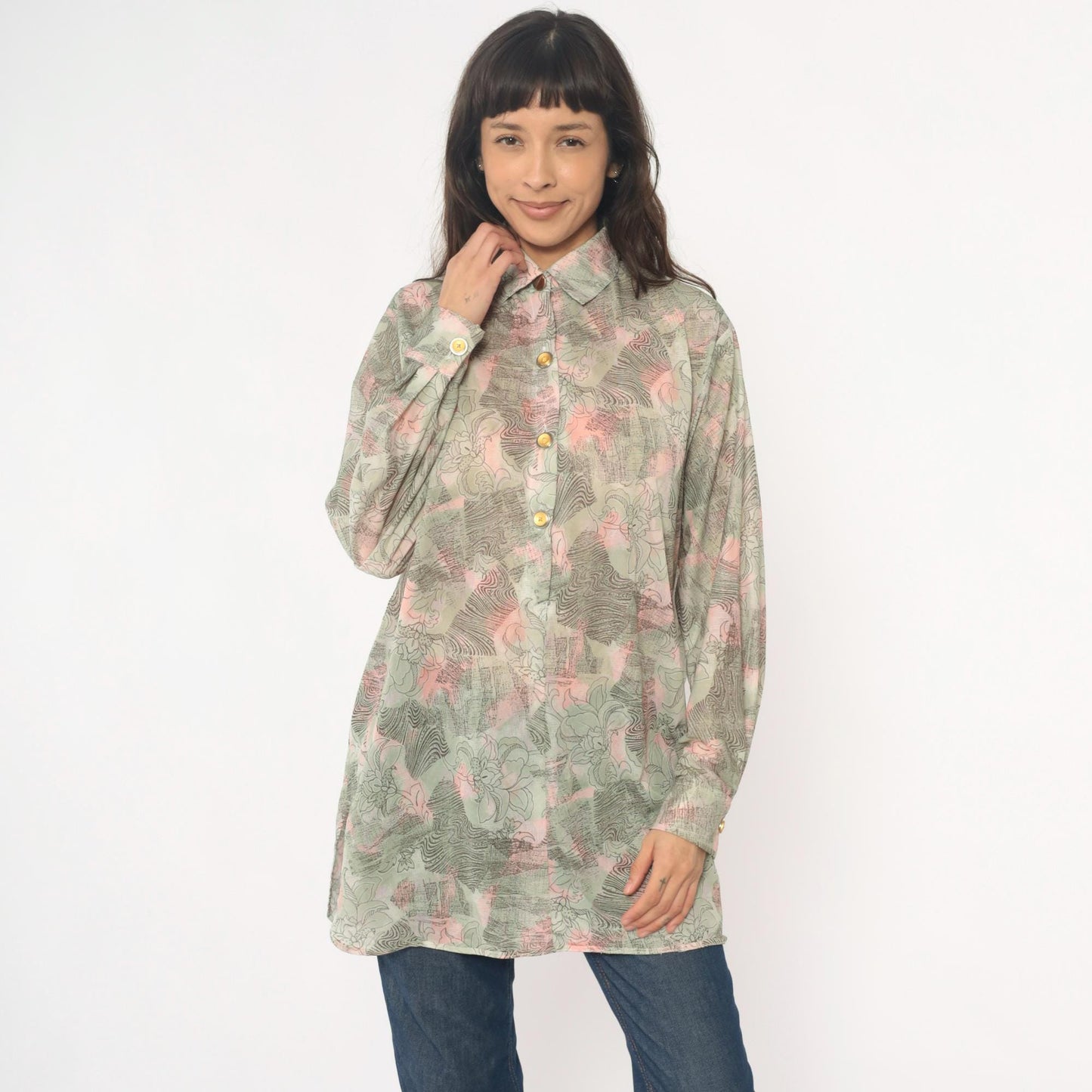 70s Abstract Floral Tunic Shirt Sage Pink Cream Button Front Medium