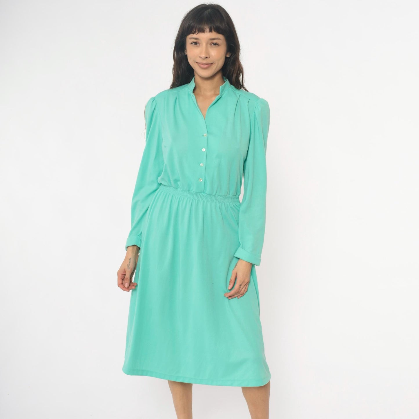 80s Lehigh Mint Green Shirtdress Puff Shoulder Knee-Length Small Medium