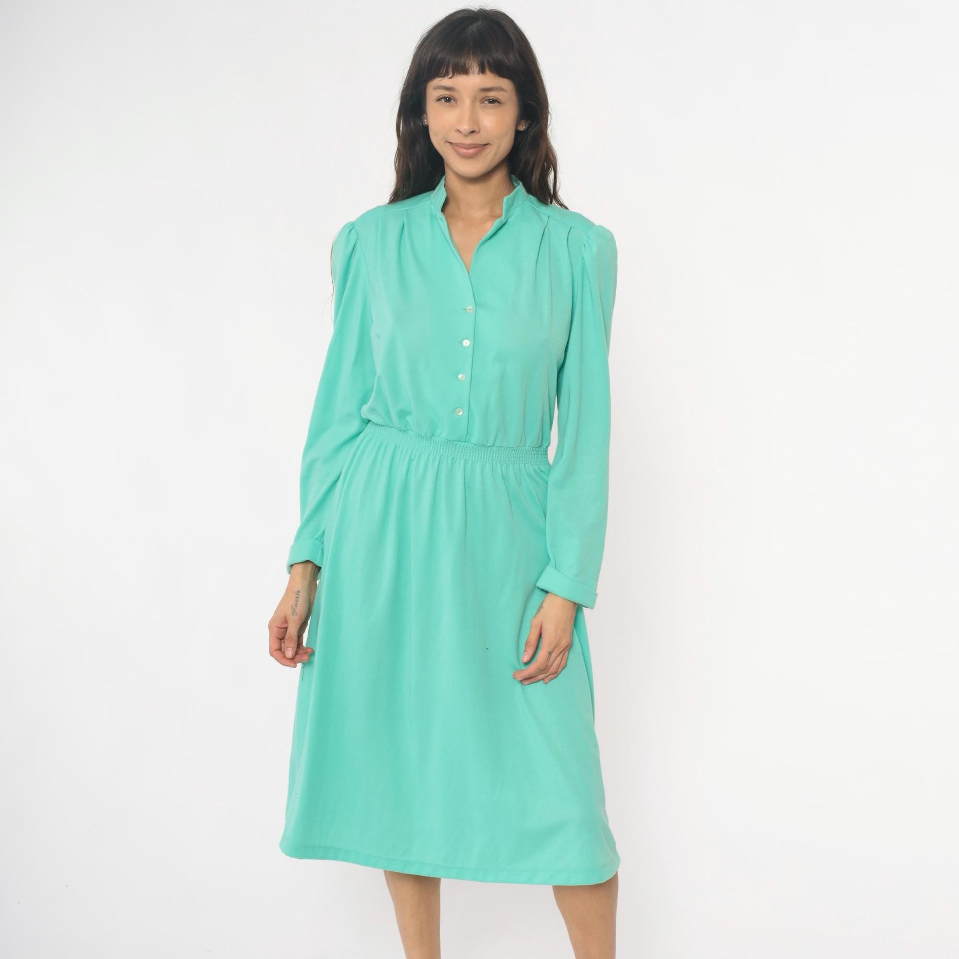 80s Lehigh Mint Green Shirtdress Puff Shoulder Knee-Length Small Medium