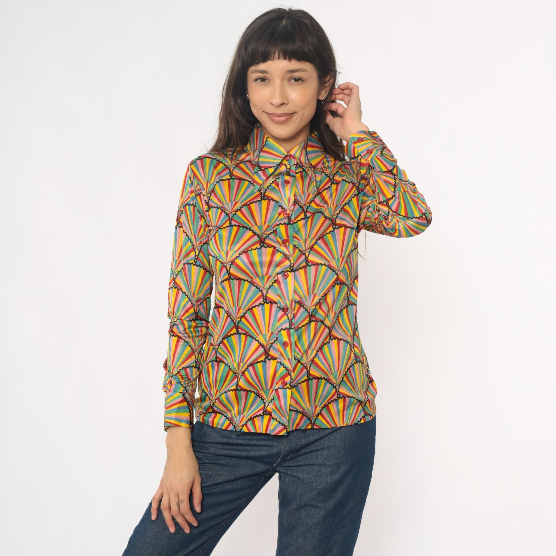 70s Helen Sue Geometric Fan Sunburst Blouse Multicolor Striped Collared Medium