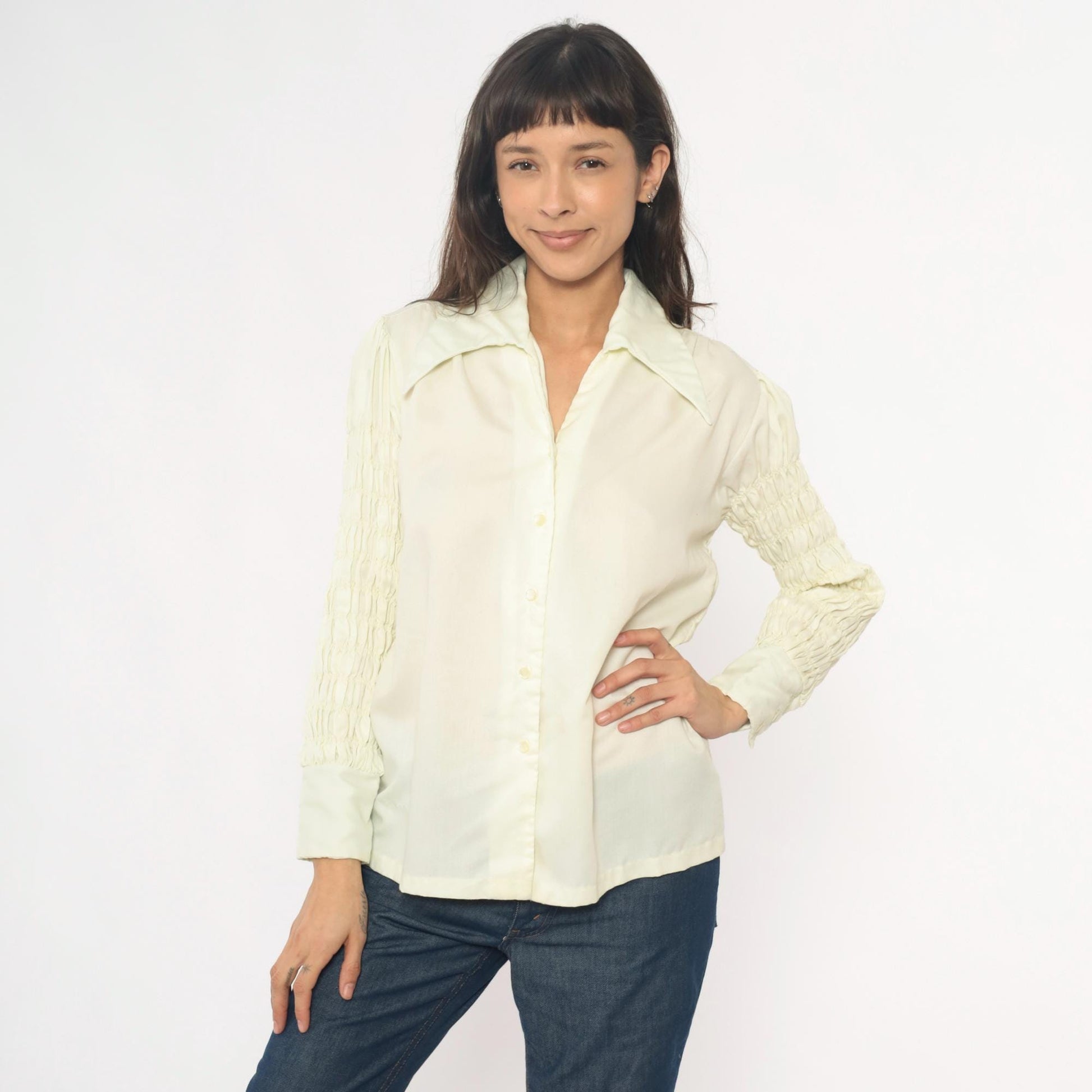 70s Ship n Shore Pale Yellow Button-Up Blouse Smocked Sleeve Collared Large