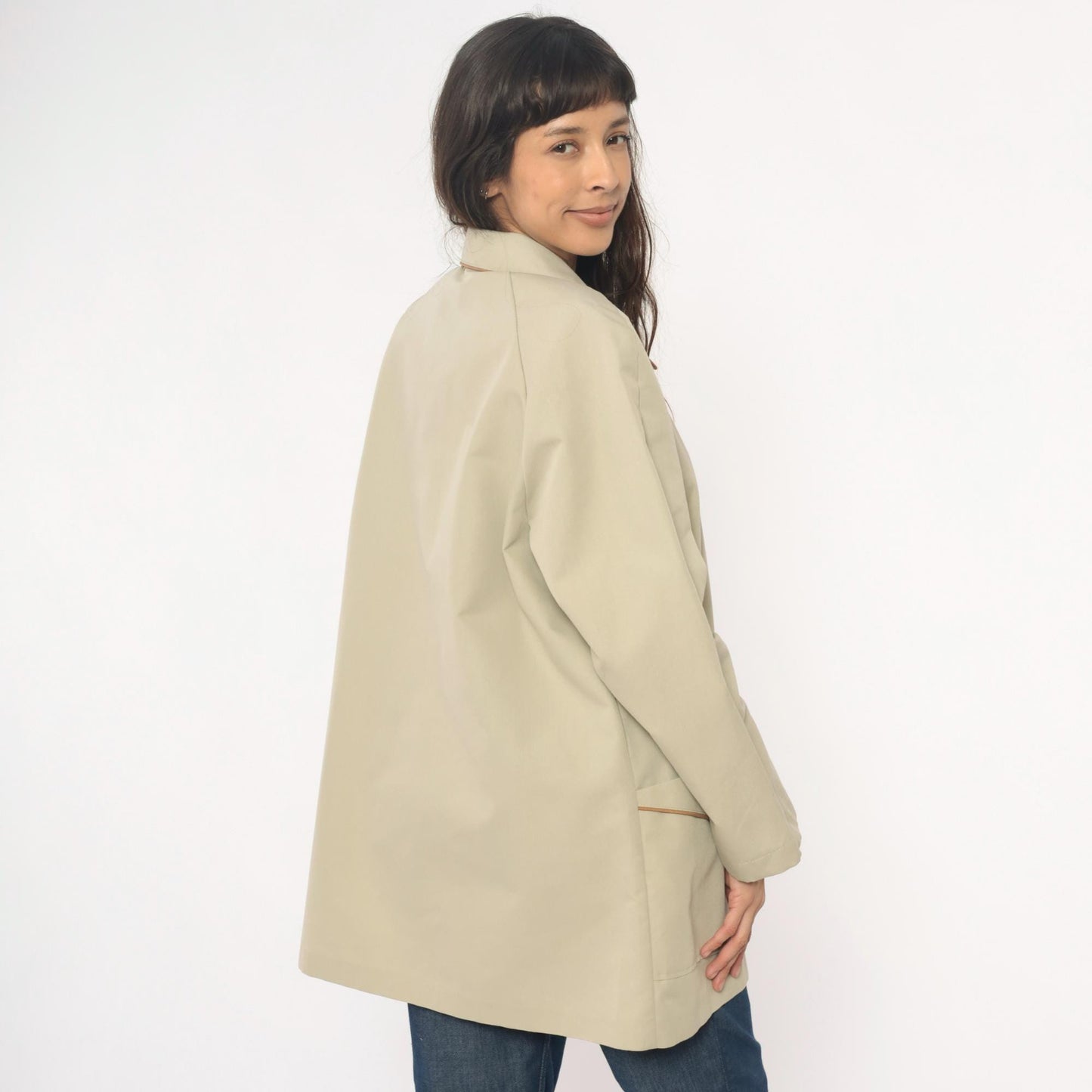 80s Beige Button Front Coat Peter Pan Collar Brown Trim Medium