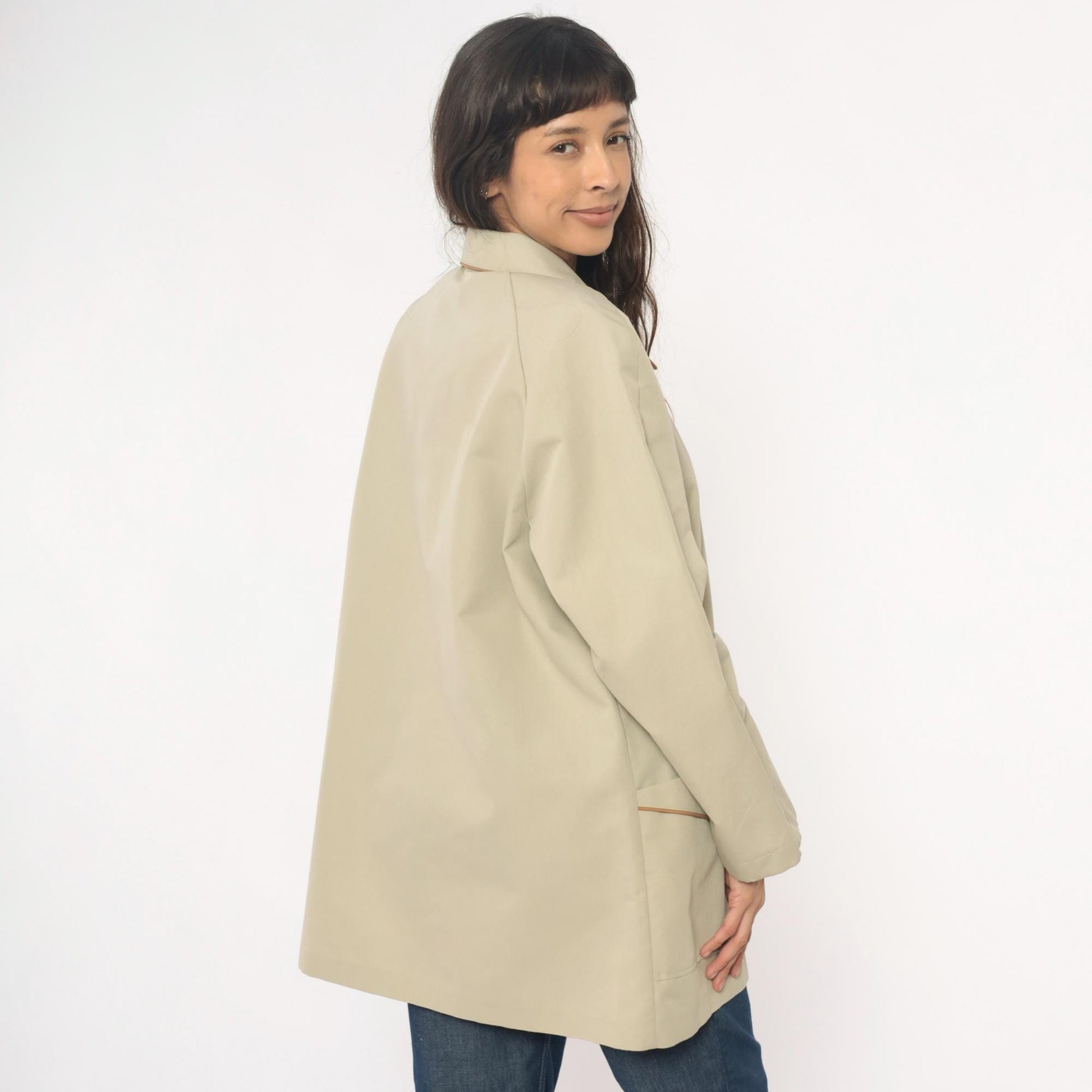 80s Beige Button Front Coat Peter Pan Collar Brown Trim Medium