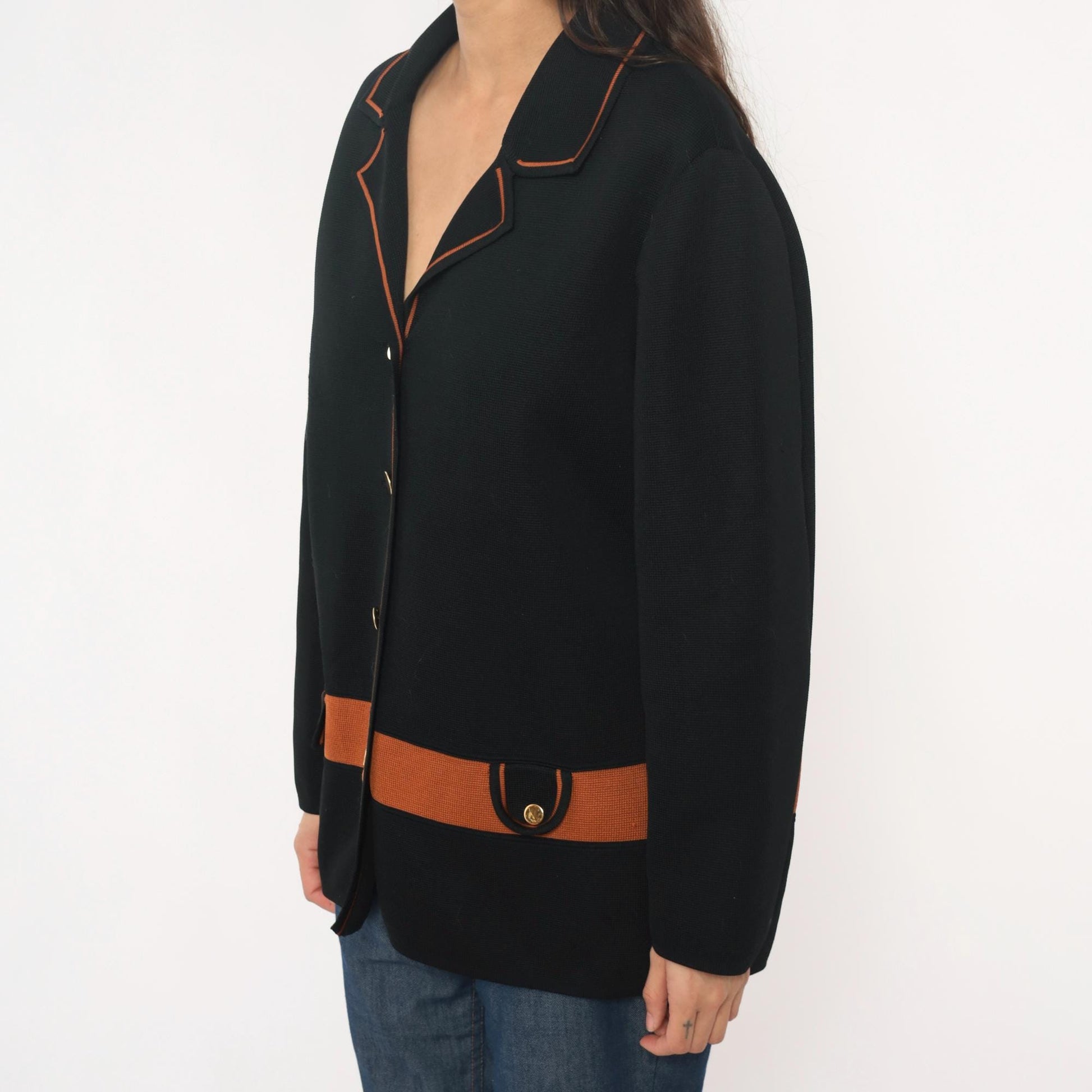 70s Black Knit Blazer Gold Buttons Rust Orange Trim Collared Jacket Large L