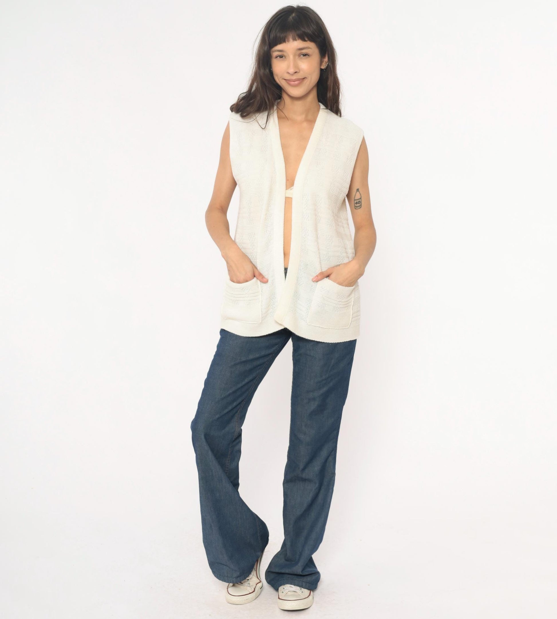 70s Cream Knit Vest Open Front Sleeveless Tank Top Small Medium