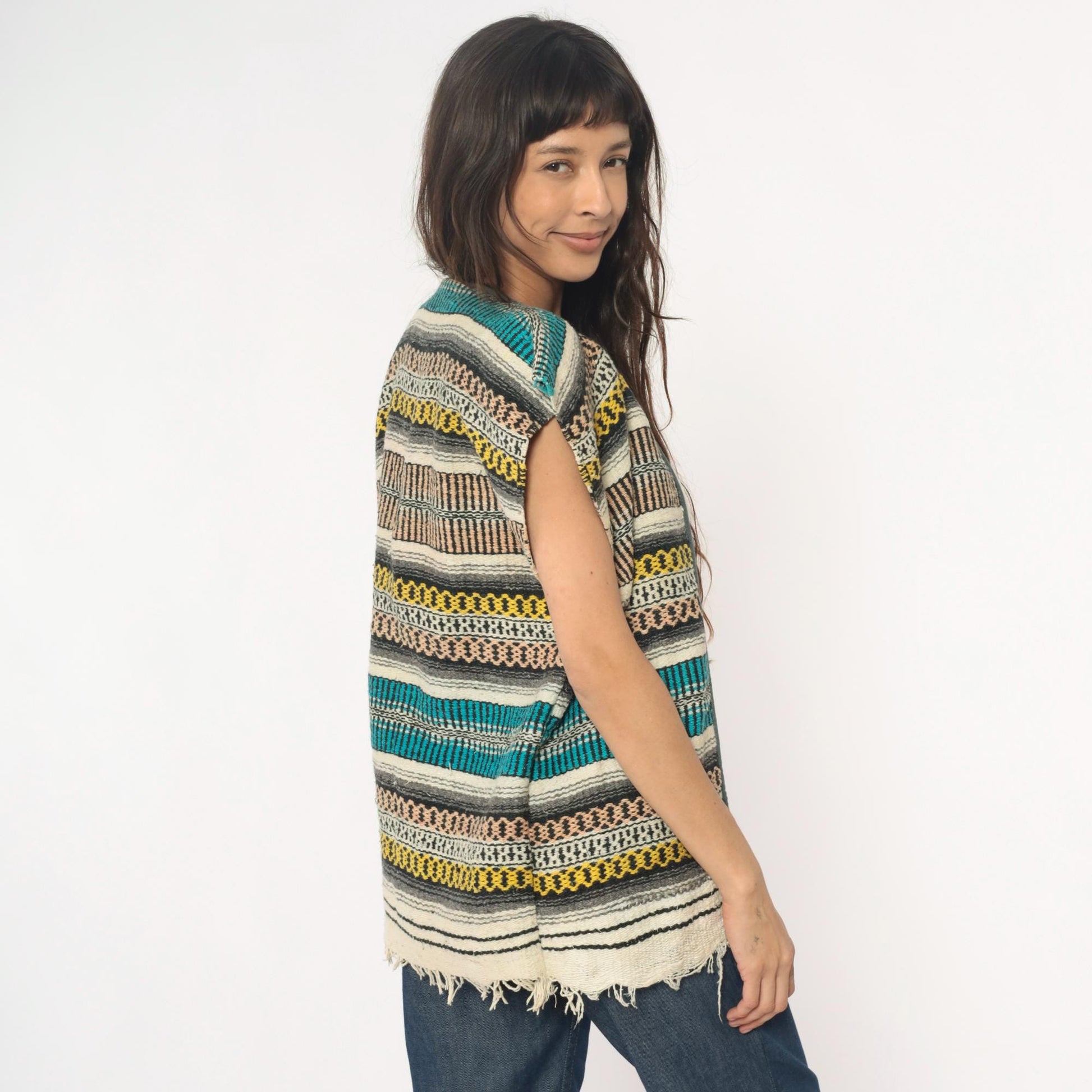 70s Mexican Serape Woven Vest Multicolor Striped Southwest Cap Sleeve Small
