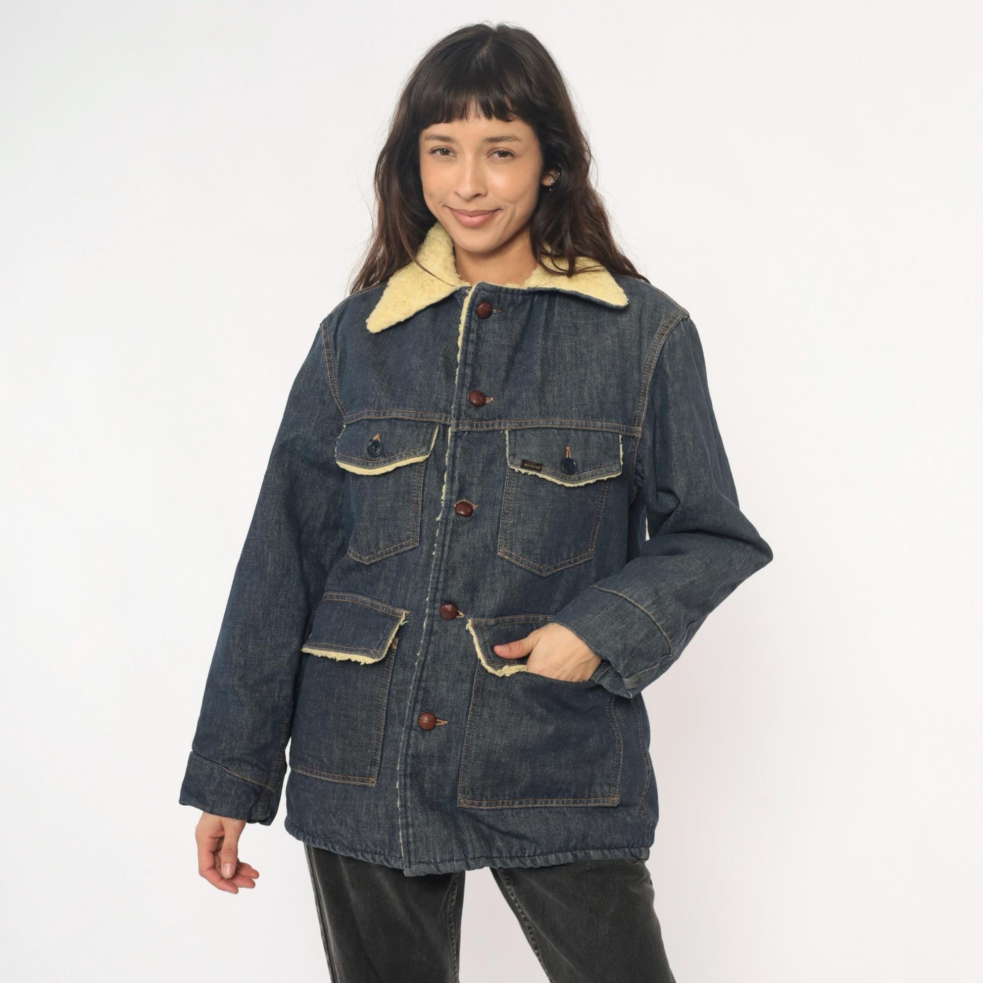 70s Roebucks Denim Jacket Sherpa Lined Dark Indigo Cream Workwear Medium Large