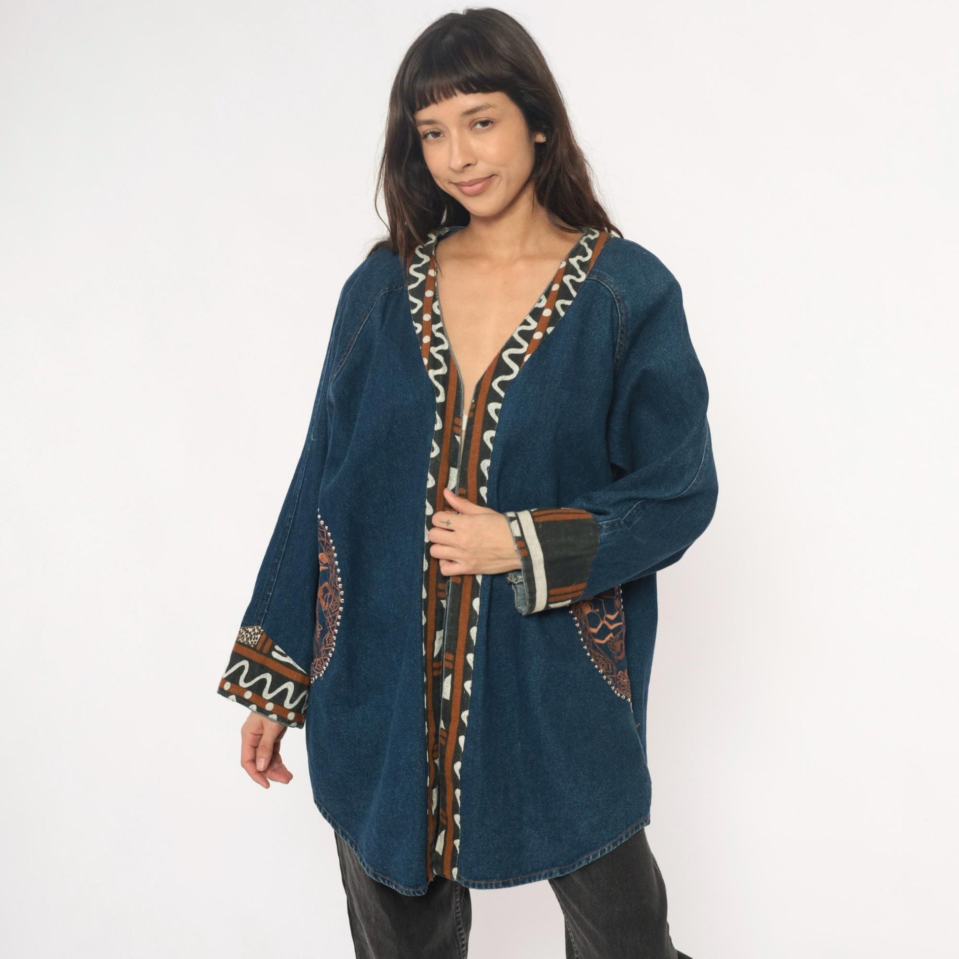 90s Southwestern Denim Jacket Tribal Embroidered Studs Blue Medium