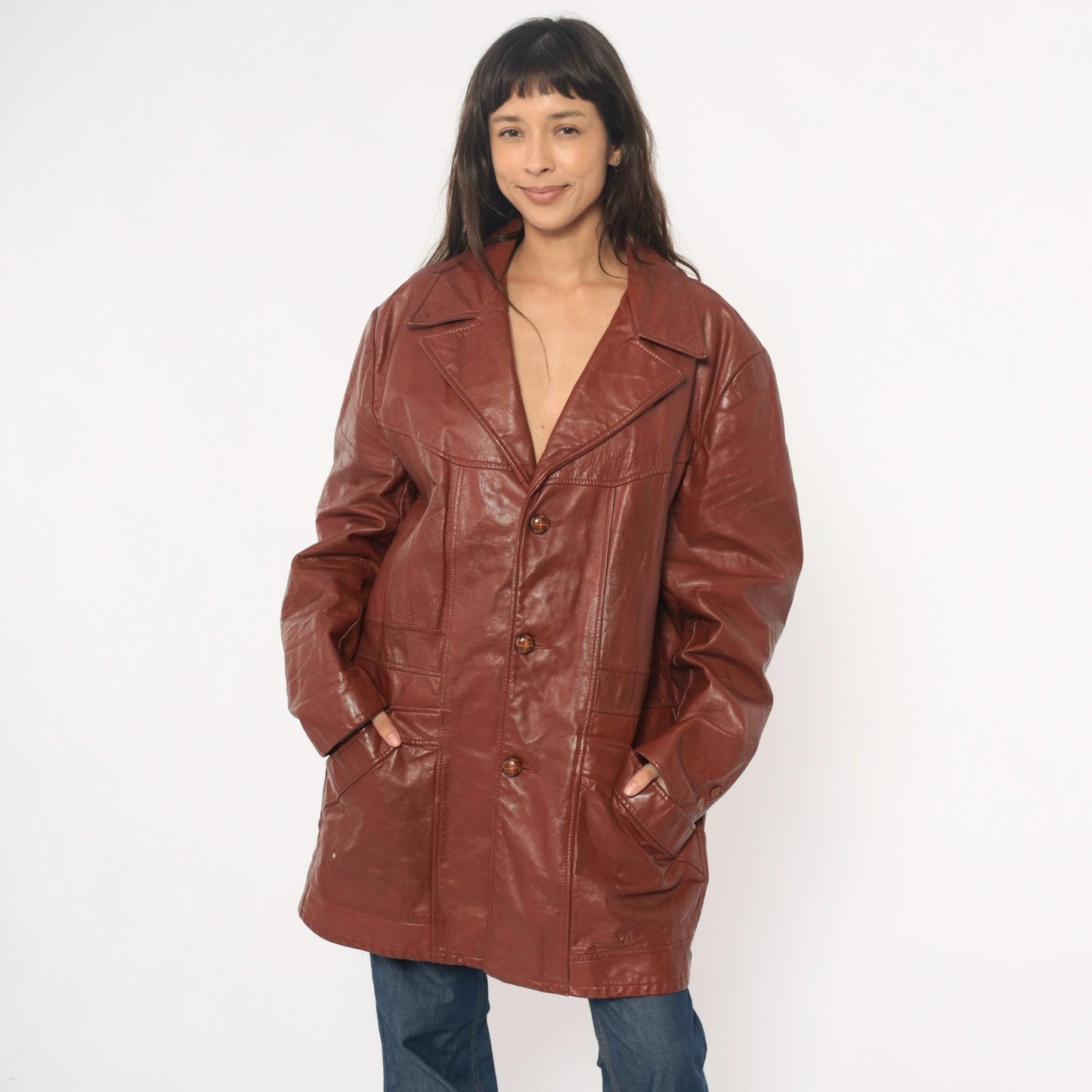 70s Brown Leather Jacket Notched Collar Long Coat Burgundy Lining Extra Large