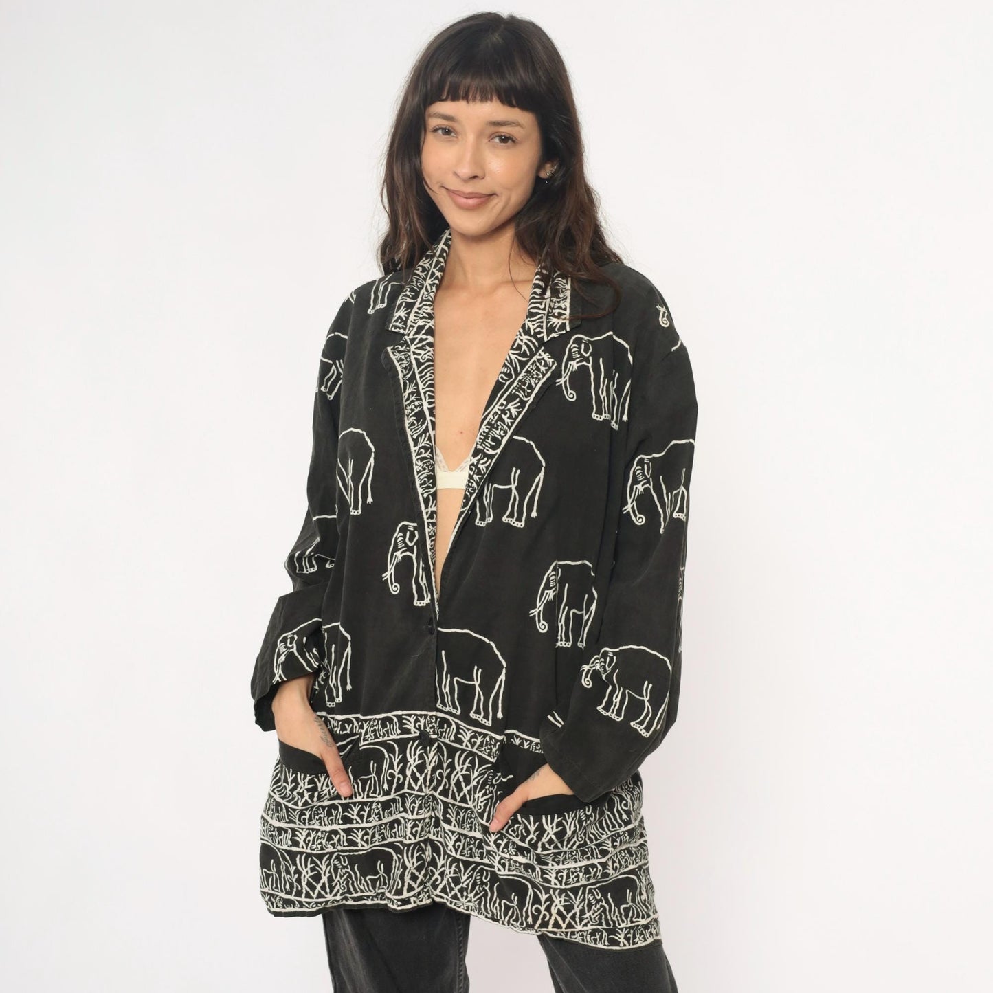 90s Black Cotton Elephant Print Tunic Jacket Collared Medium M