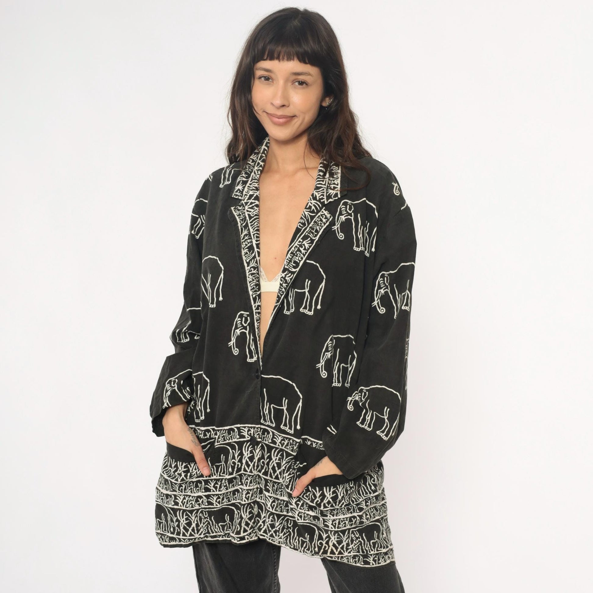 90s Black Cotton Elephant Print Tunic Jacket Collared Medium M