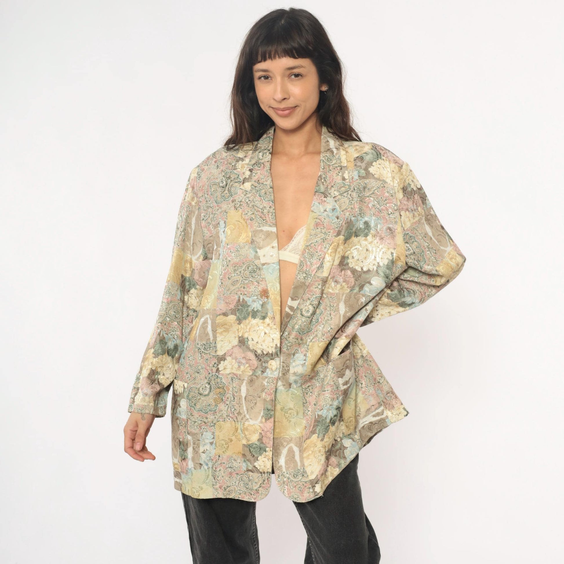 90s Melissa Robyn Floral Paisley Open Blazer Cream Multi Medium