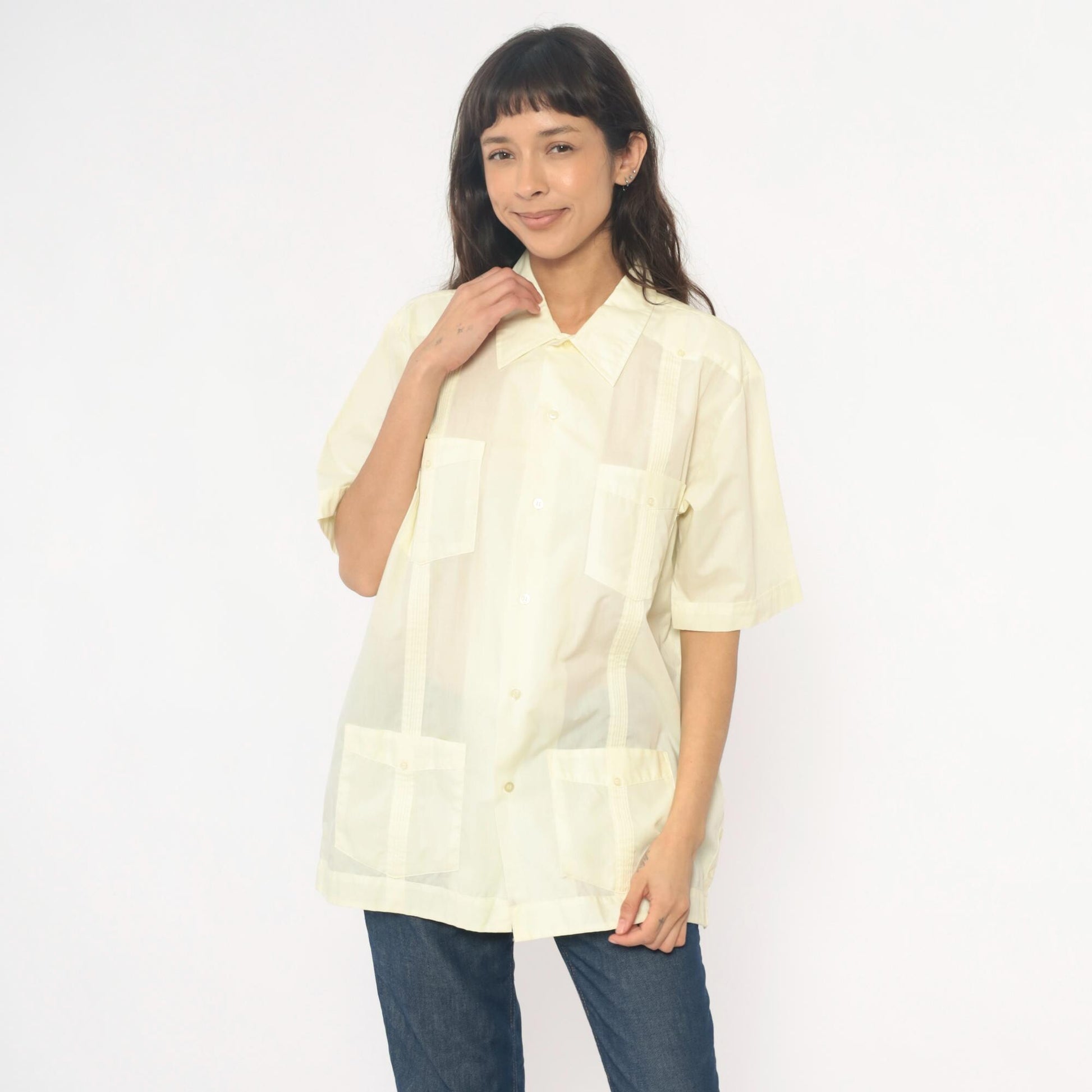 80s Pale Yellow Guayabera Shirt Pintuck Pleated Cotton Cream Collar Extra Large XL