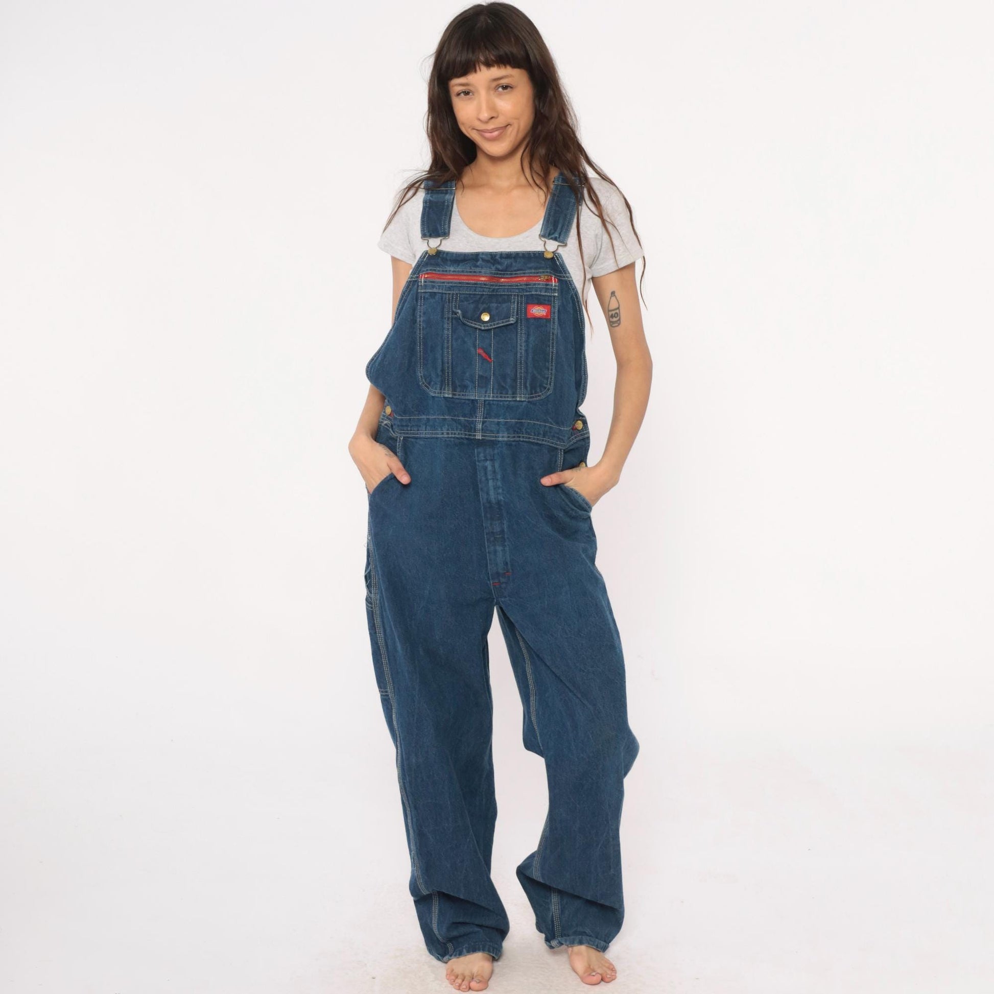 Dickies Y2K Blue Denim Overalls Bib Front Zipper Pocket Large L