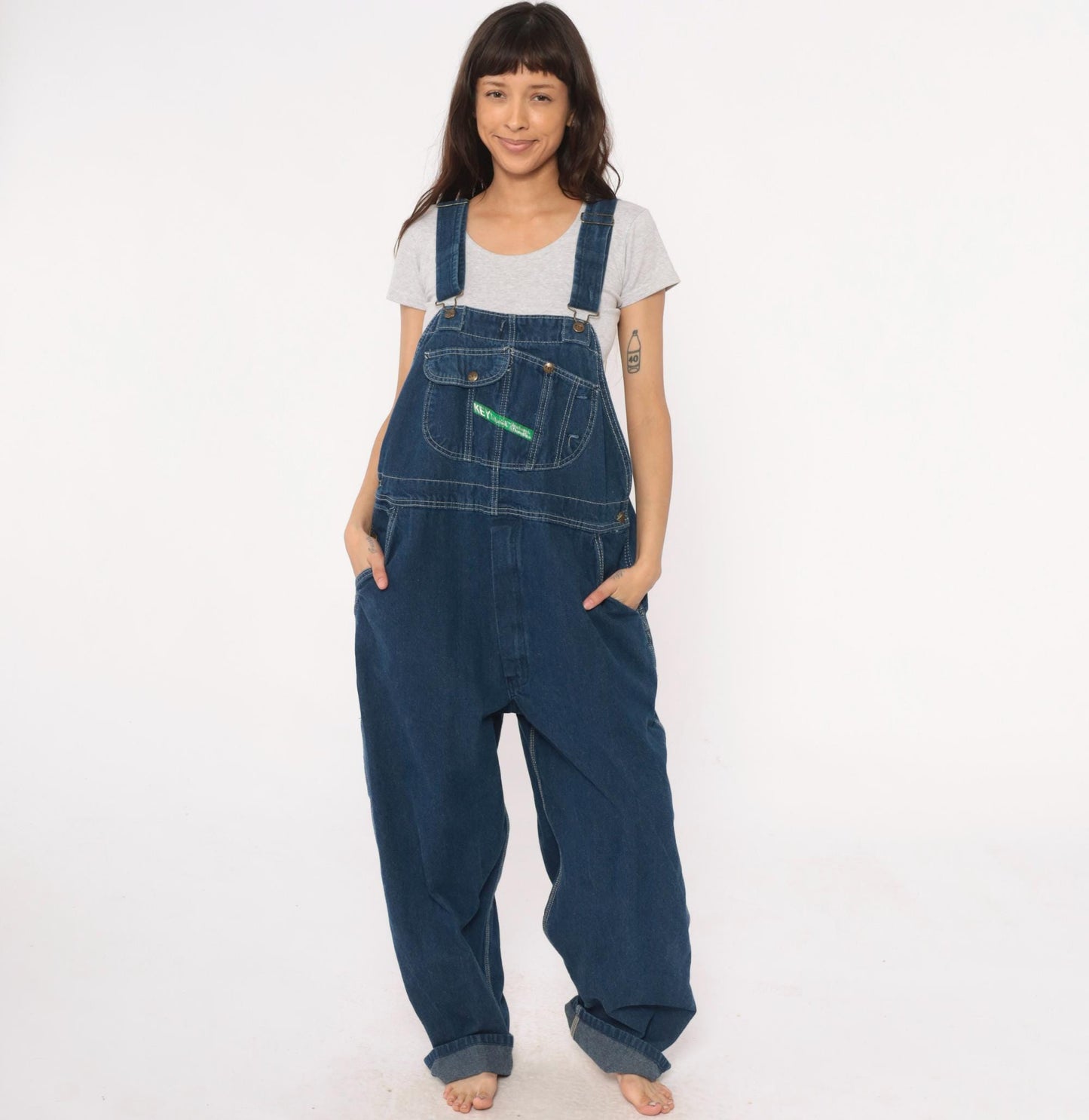 90s Key Imperial Navy Denim Overalls Cargo Pockets Utility Extra Large XL