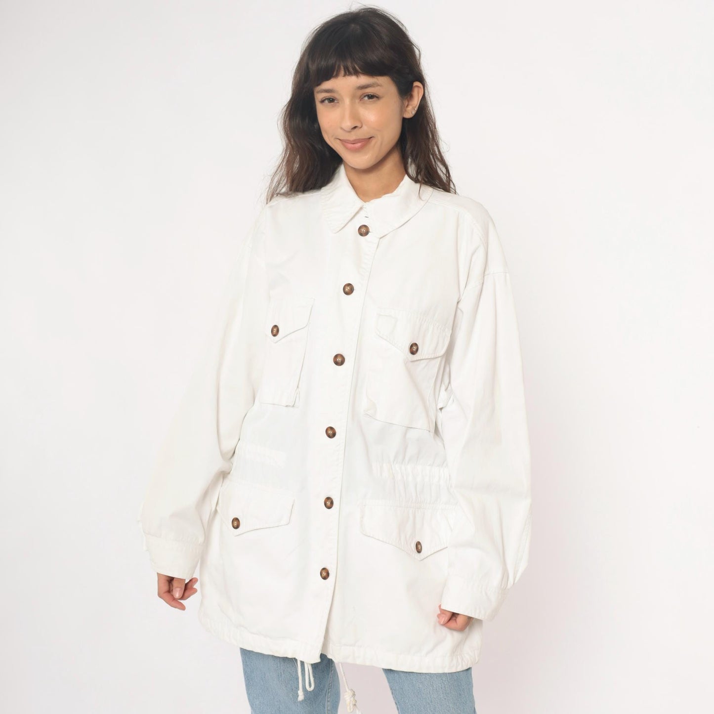 90s Adrienne Vittadini Cotton Utility Jacket Cream Pointed Collar Medium M