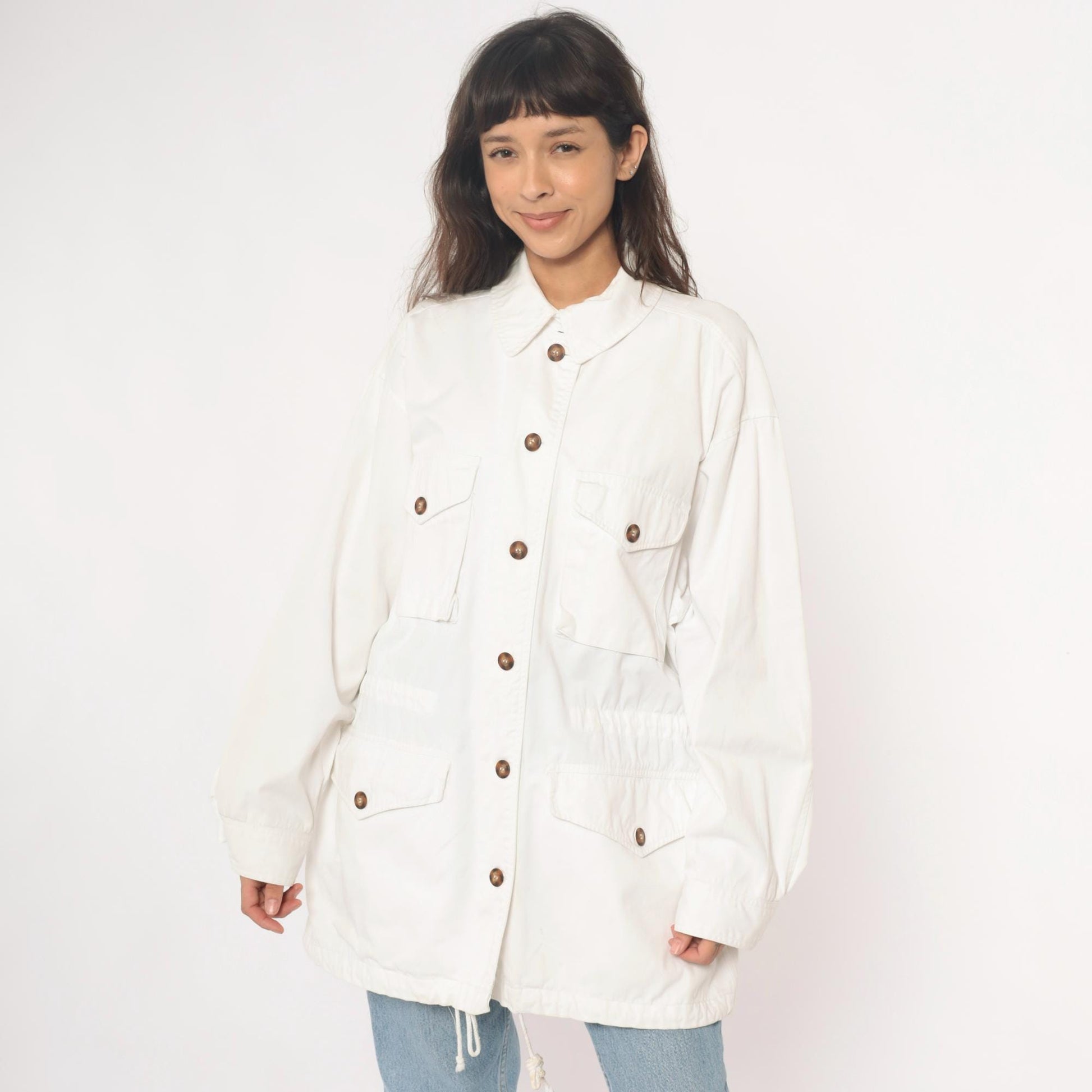 90s Adrienne Vittadini Cotton Utility Jacket Cream Pointed Collar Medium M