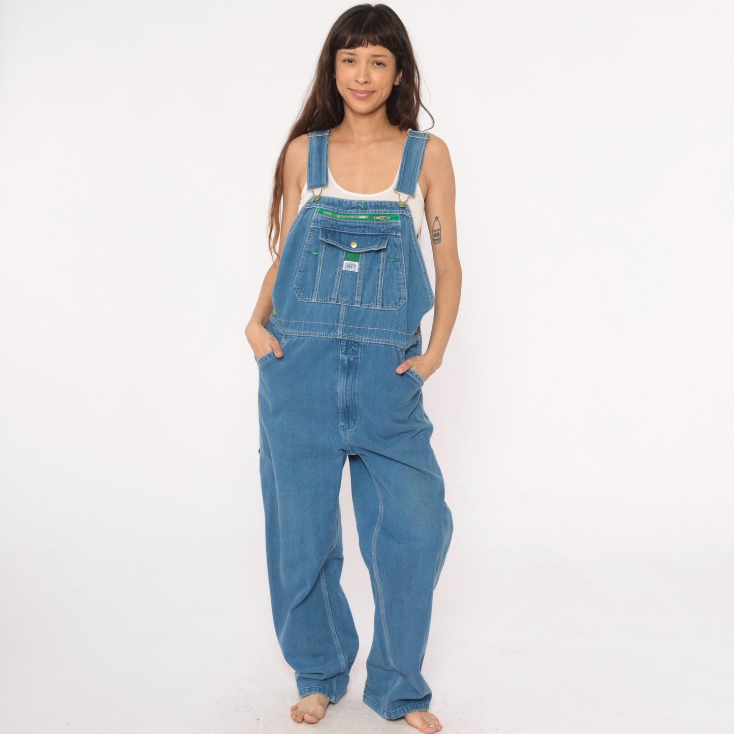 90s Liberty Denim Overalls Blue Green Stitching Unisex Medium
