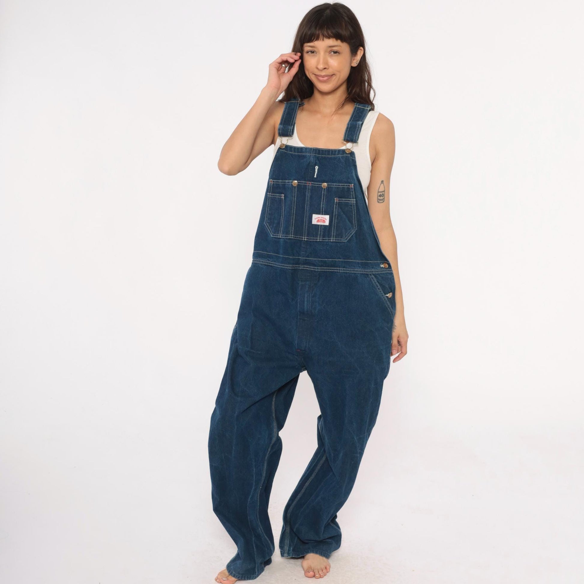 Y2K Roundhouse Dark Blue Denim Overalls Carpenter Workwear Cotton Extra Large